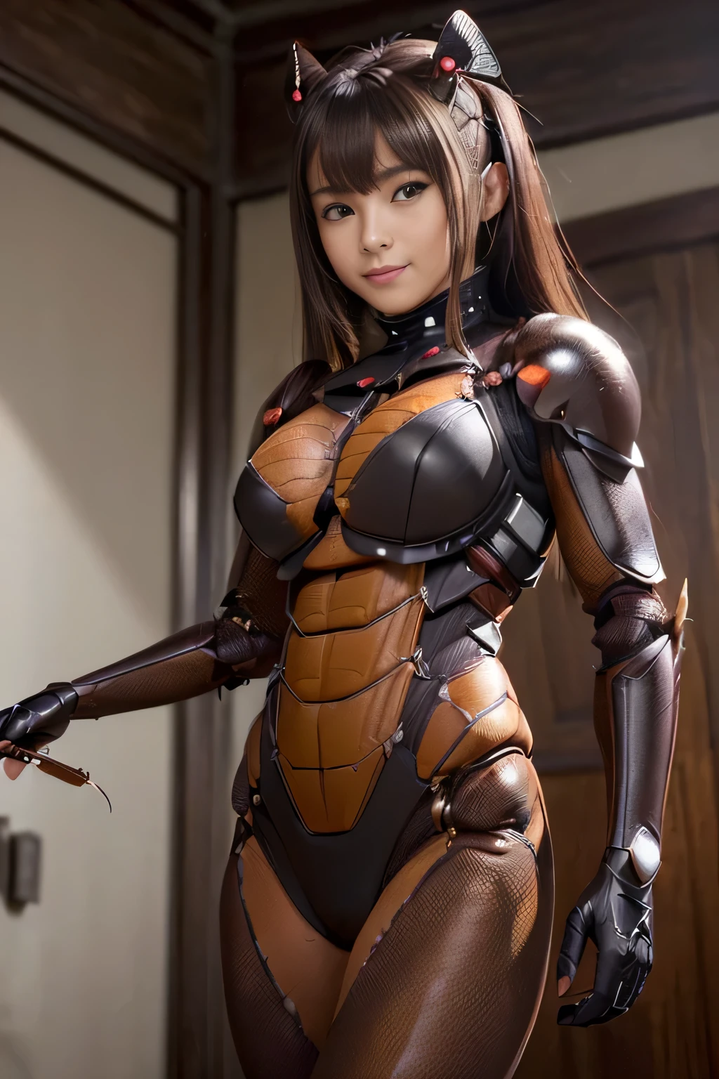 (high resolution,masterpiece,best quality,extremely detailed CG, anime, official art:1.4), realistic, photo, amazing fine details, all intricate, gloss and shiny,awesome many layers, 8k wall paper, 3d, sketch, kawaii, illustration,( solo:1.4), perfect female proportion,villainess, (fusion of dark brown cockroach and lady:1.4), (brown cockroach form lady:1.2), (brown cockroach lady:1.2), (fusion:1.2), (solo:1.4), (evil smile:1.2), muscular, abs, (cockroach brown exoskeleton bio insect suit:1.4), (cockroach brown exoskeleton bio insect armor:1.2), (brown transparency cockroach wing:1.4), (brown cockroach antennae:1.3),