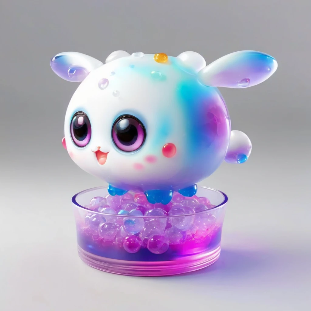 Translucent jelly texture、Round body、White background、IP image、Ultra HD、Q version big eyes,Dice shaped head,Cylindrical hands and feet,Jump up,Round ears,Q version figures