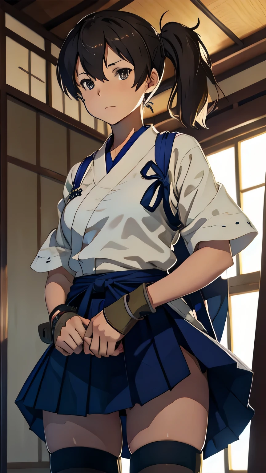 BTPT-FC,Thin thighs,kaga (kancolle), {{kaga kai ni (kancolle)}}, side ponytail, brown eyes, black long hair, black thighhighs, short skirt, hakama skirt, japanese clothes, , blue hakama, hakama, tasuki, partially fingerless gloves, brown single glove,
,Tsurime,Fleet Collection, highest quality,,Are standing,Cowboy Shot,room,
