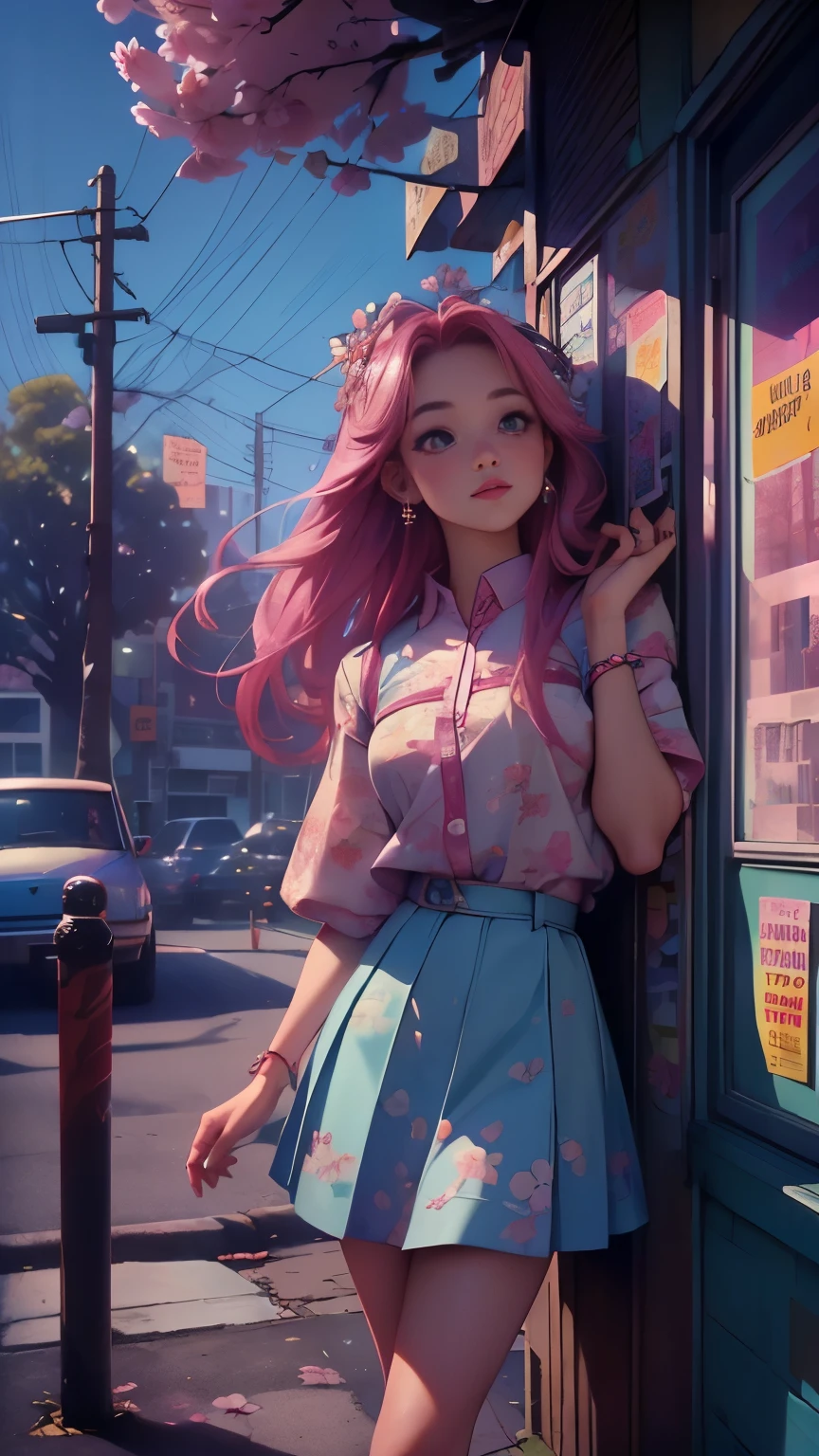 magenta tint、vibrant with colors、((tmasterpiece)))、(((quality)))、((ultra - detailed))、(Surreal)、(Very detailed CG illustration）、offcial art、CD cover、It will be、midsummer、The glorious 1980s、1 rapariga，Cool beauty、ssmile，cochetti gorgeous、incomparable beauty、Hair color、Rock music、student uniform、Superskirt、perfect angle、Perfectcomposition、(natta，Cherry blossom tree，Corner store，​​Caiyun)，