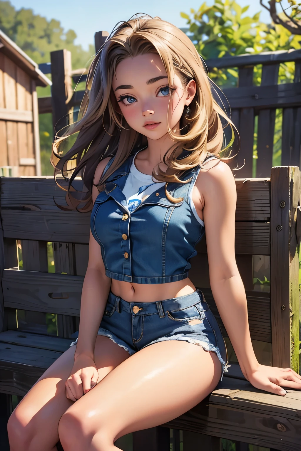 masterpiece. highly detailed. A beautiful Teen Sydney Sweeney as a cowgirl posing in a tight denim shorts, crop top. pìgtail. She is sitting on a fence outside a barn. sparkly hair. shiny skin.