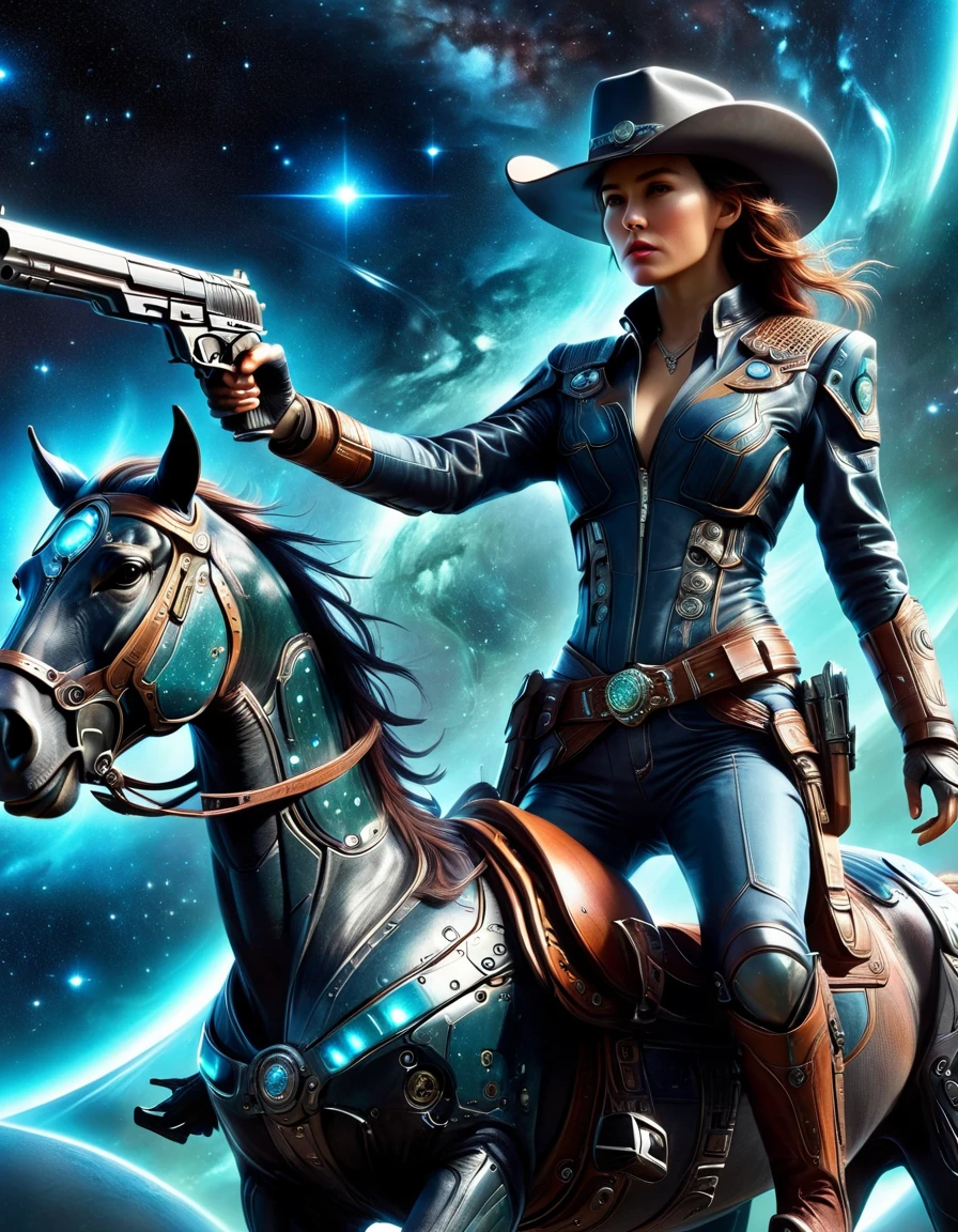 Digital artwork featuring a woman in a futuristic, interstellar cowboy outfit, blending Western themes with alien technology. She holds guns in both hands while riding a mechanical warhorse, set against the backdrop of the cosmos. The image captures a dynamic and visually striking scene, showcasing advanced technology and the timeless allure of the cowboy aesthetic, all enhanced by the vastness of outer space. The composition combines detailed realism with a sense of wonder and adventure typical of science fiction.