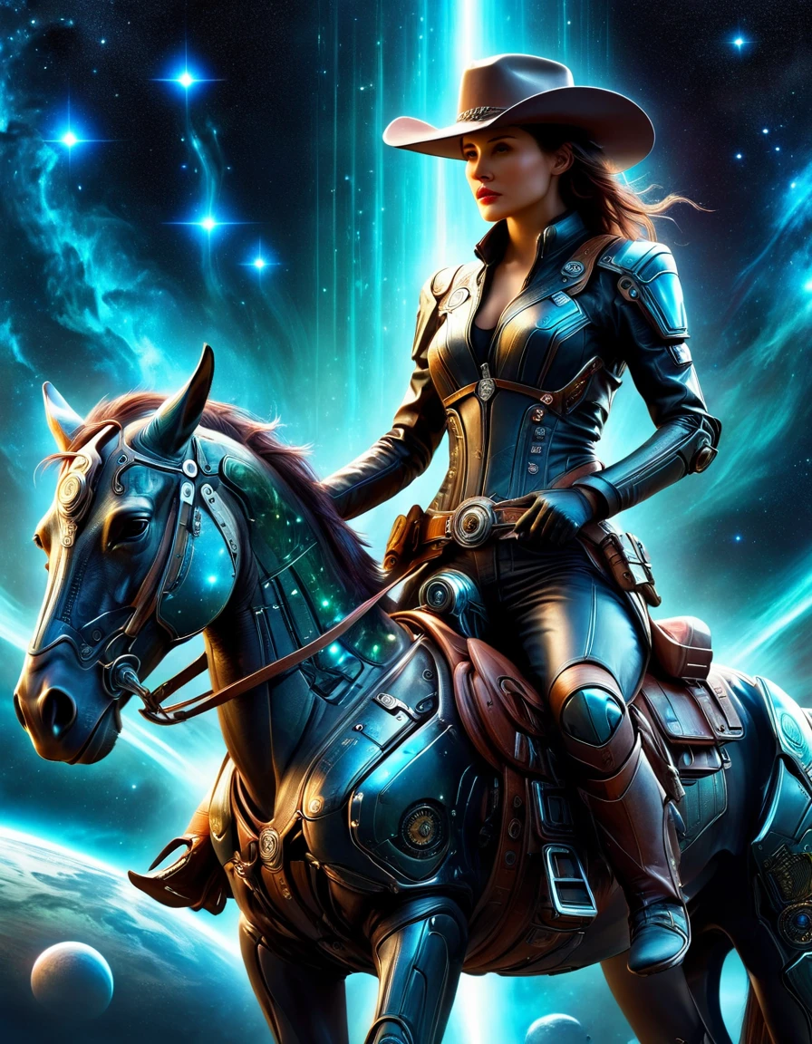 Digital artwork featuring a woman in a futuristic, interstellar cowboy outfit, blending Western themes with alien technology. She holds guns in both hands while riding a mechanical warhorse, set against the backdrop of the cosmos. The image captures a dynamic and visually striking scene, showcasing advanced technology and the timeless allure of the cowboy aesthetic, all enhanced by the vastness of outer space. The composition combines detailed realism with a sense of wonder and adventure typical of science fiction.