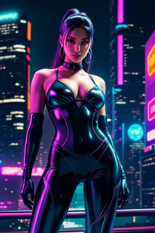 A Cyberpunk centerfold model poses boldly in a Jim Lee-style illustration, her shimmering skimpy outfit reflecting neon lights with every curve. Hyper-realistic textures bring every detail of her intricate attire to life, from the glowing fibers to the iridescent sheen. A dynamic pose exudes a flirtatious charm, her body language inviting the viewer's gaze.
Surrounding her is a neon-soaked urban skyline backdrop, the pulsating lights reflecting off her sleek exterior. The scene is brought to life through digital painting, every brushstroke meticulously crafted to create this masterpiece.
