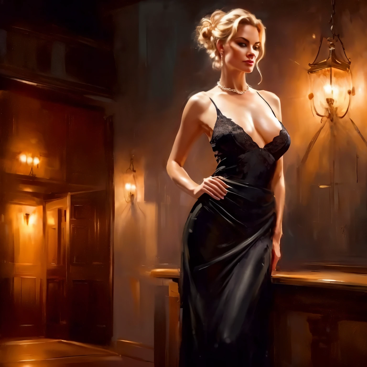 nsfw, photorealistic, beautiful face, (masterpiece:1.4), (best quality:1.4), extremely detailed, hyper-detailed, soft lighting, one 38 years old beautiful blonde 1950's pinup woman in her late thirties standing in a theatre foyer, solo, ((dressed in a long black evening dress)), very low back neckline, very high leg slit, bare back, bare hips, bare buttocks, side view, back view, she looking over her shoulder, black lace stockings with suspender belt, high heels, white pearl necklace and white pearl earrings, perfect body, busty, perfect legs, intricate details, masterpiece, bestquality, uhd, 8k, ((plain backgound:1.3)), shaved pubic area, big breasts, hanging breasts, erected hard nipples, short blonde hairbun with a bow in her hair, shaved pussy, (perfect_face), intricate, 4k, detailed_background, full_body, realistic, 8k, sexy, very cheeky smile, challenging naughty facial expression, saggy, from behind
