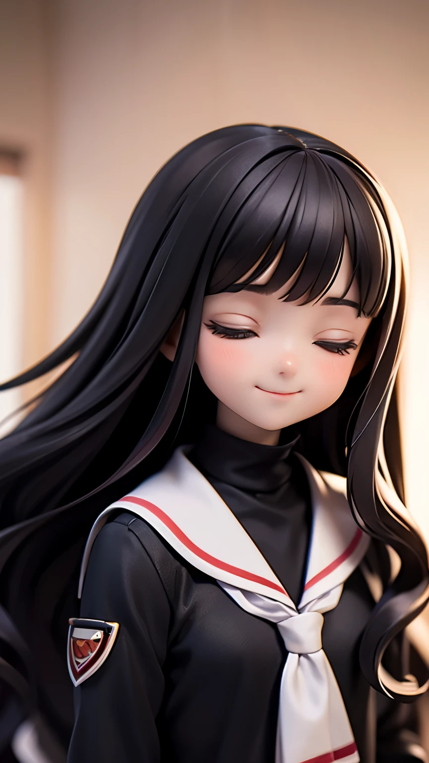 1girl，Q version，大道寺Tomoyo，Tomoyo，Black long hair，Black school uniform，Close your eyes and smile，Upper Body，fantasy background，Highest quality，Ultra HD，(Details)，(masterpiece)，(best quality),(light layer)