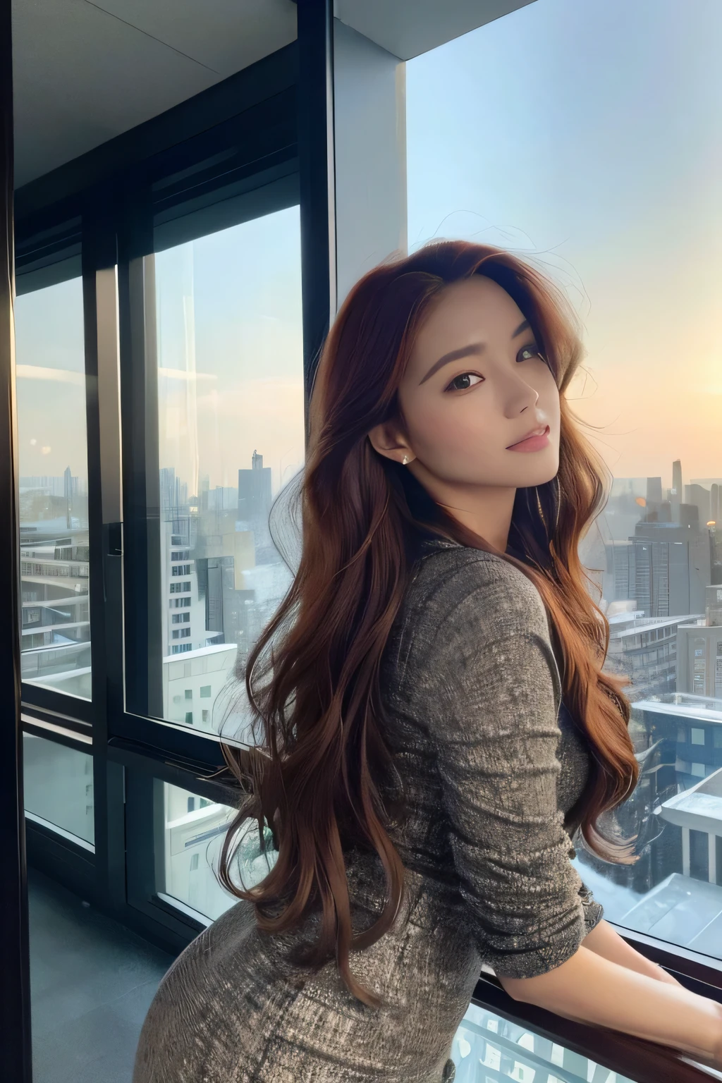 ((Best quality, high resolution: 1.3)), A 40-year-old woman, elegant and poised, standing boldly on the 30th floor of a modern office building, boasts an enchanting view of the city skyline, filled with other impressive office structures, ((Photorealistic masterpiece, top-quality: 1.3)), her professional attire accentuating her confidence and sophistication. With a seductive, knowing smile, she leans against the windowpane, her auburn hair cascading in loose, luscious waves, framing her perfectly defined jawline and luxurious lips. Her eyes, twinkling with intelligence and experience