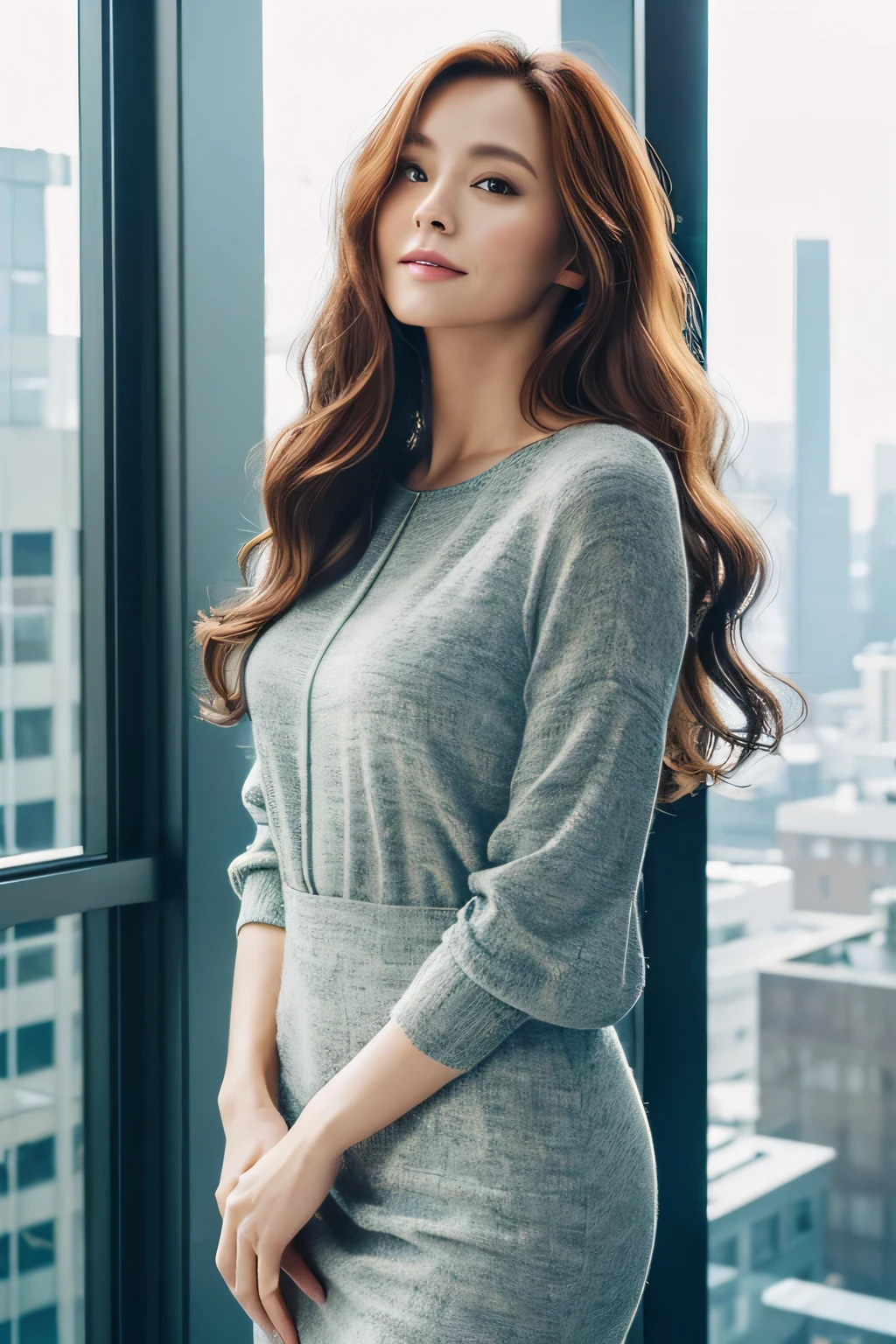 ((Best quality, high resolution: 1.3)), A 40-year-old woman, elegant and poised, standing boldly on the 30th floor of a modern office building, boasts an enchanting view of the city skyline, filled with other impressive office structures, ((Photorealistic masterpiece, top-quality: 1.3)), her professional attire accentuating her confidence and sophistication. With a seductive, knowing smile, she leans against the windowpane, her auburn hair cascading in loose, luscious waves, framing her perfectly defined jawline and luxurious lips. Her eyes, twinkling with intelligence and experience
