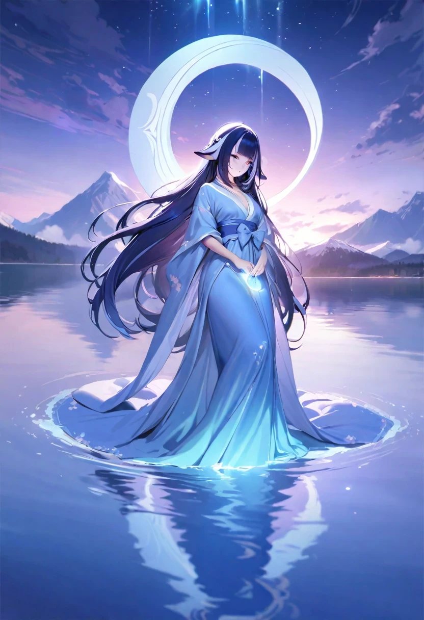 ((shylily)),(masterpiece:1.2),(best quality:1.2),(a fairy floating in the clouds wearing exquisite Hanfu),moonlight illuminating the scene with a gentle and mysterious glow,surrounded by majestic mountains and mist, a picturesque lake reflecting the silver moonlight, the air filled with a subtle floral fragrance. The fairy has long flowing hair and eyes twinkling with stars, holding a bright jade ruyi. The ambiance is like a magical realm, giving off an otherworldly and enchanting feeling of tranquility and beauty. (best quality, highres, HDR),ultra-detailed,realistic, an art style reminiscent of traditional Chinese paintings