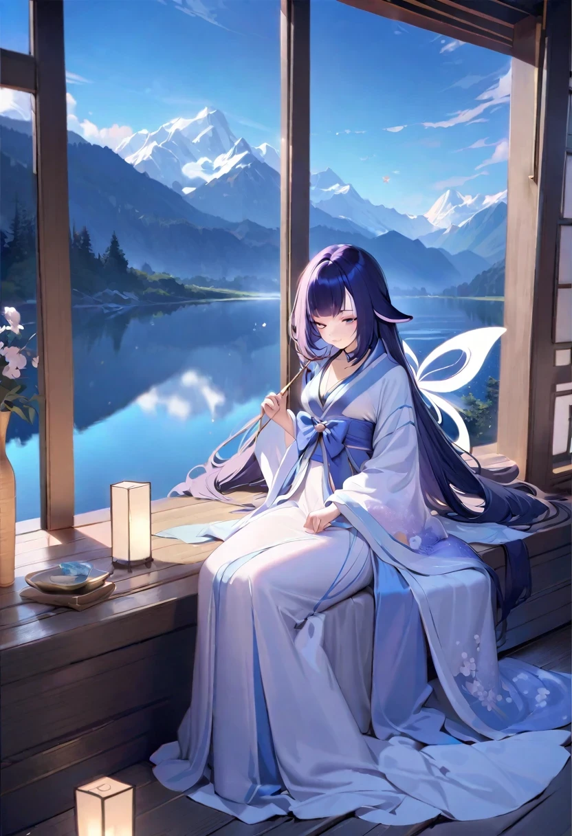 ((shylily)),(masterpiece:1.2),(best quality:1.2),(a fairy floating in the clouds wearing exquisite Hanfu),moonlight illuminating the scene with a gentle and mysterious glow,surrounded by majestic mountains and mist, a picturesque lake reflecting the silver moonlight, the air filled with a subtle floral fragrance. The fairy has long flowing hair and eyes twinkling with stars, holding a bright jade ruyi. The ambiance is like a magical realm, giving off an otherworldly and enchanting feeling of tranquility and beauty. (best quality, highres, HDR),ultra-detailed,realistic, an art style reminiscent of traditional Chinese paintings