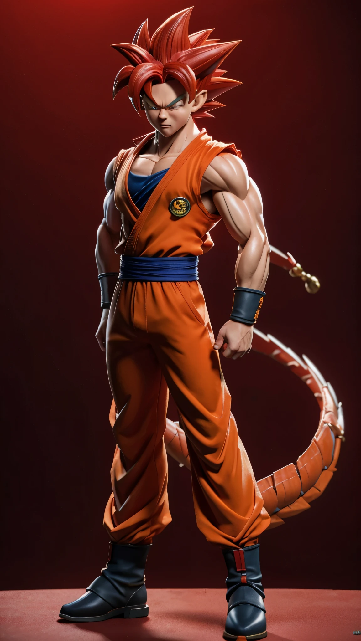 Dragon Ball Son Goku，red hair，Red suit，City background，masterpiece，（muscle），4k，Vision，Figure standing with arms folded，Red energy