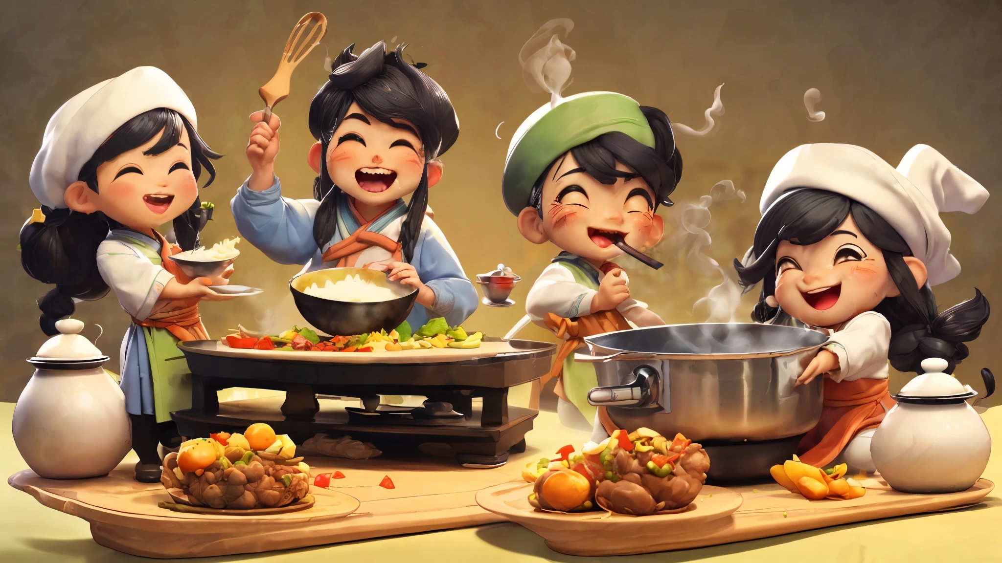 (Best quality，3d animation：1.2)，A masterpiece，厨师cooking，A slightly fat Chinese male chef，Chef's hat，black hair，In Chibi style，Realistic 3D animation，cooking，A frying pan，A shovel，Bright colors，Soft lighting，Warm kitchen setting，Delicious food aroma，Attention to detail，Precise movements，happy expression，Steam rising from the pot，食物cooking的滋滋声，Delicious toppings，Beautiful decorative dishes，Smoke rising from the stove，lively background music，Clean and organized kitchen countertops，Assorted fresh vegetables and herbs，Interesting textures and patterns on the apron，Stylish and comfortable chef shoes，Dynamic camera angles，Impressive plating technology，Creative presentation of dishes，There is a sense of joy and passion in the eyes of the chef，There is a feeling of anticipation in the minds of the audience，传统和现代cooking技术的完美结合，厨师的cooking工具上的精美细节，Detailed facial expressions，Table in tempting dining background，Excited spectators wait to taste the chef&#39;s creations，Warm and welcoming atmosphere，Elements of humor and grotesqueness in animation，Delicious after-meal satisfaction and satisfying feeling，A celebration of food and culture，A feast for the eyes and taste buds。