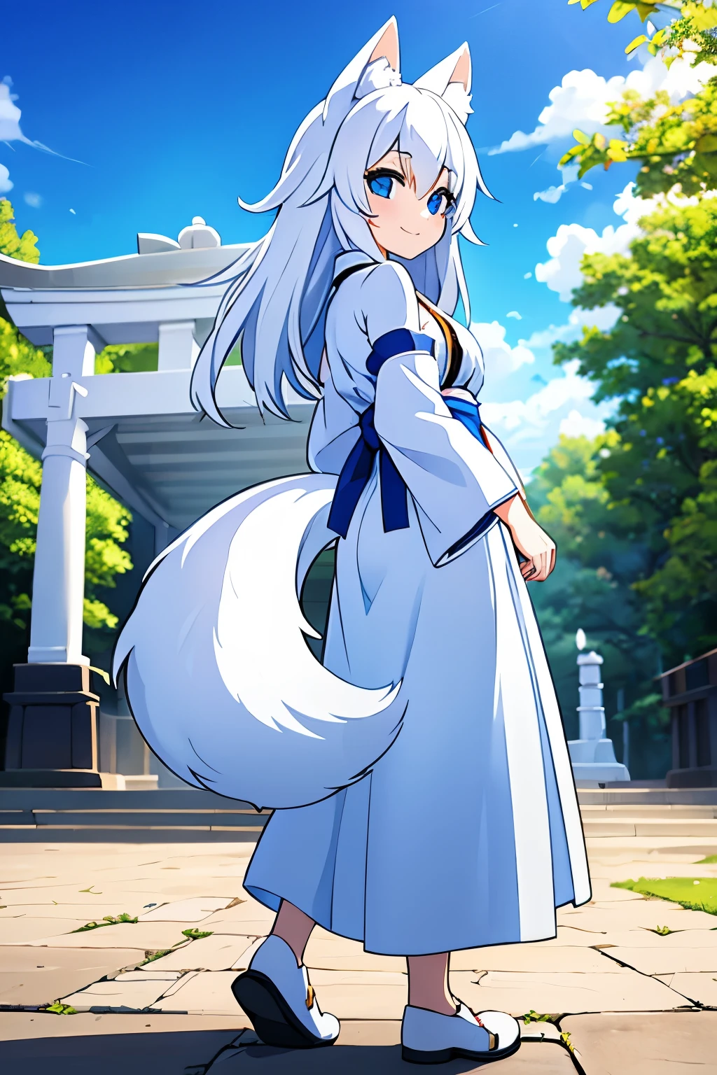 A  girl with white fox ears and a white fox tail, bright blue eyes, long white hair, and a blue and white shrine maiden outfit.　looking back with a smile　The whole body is visible