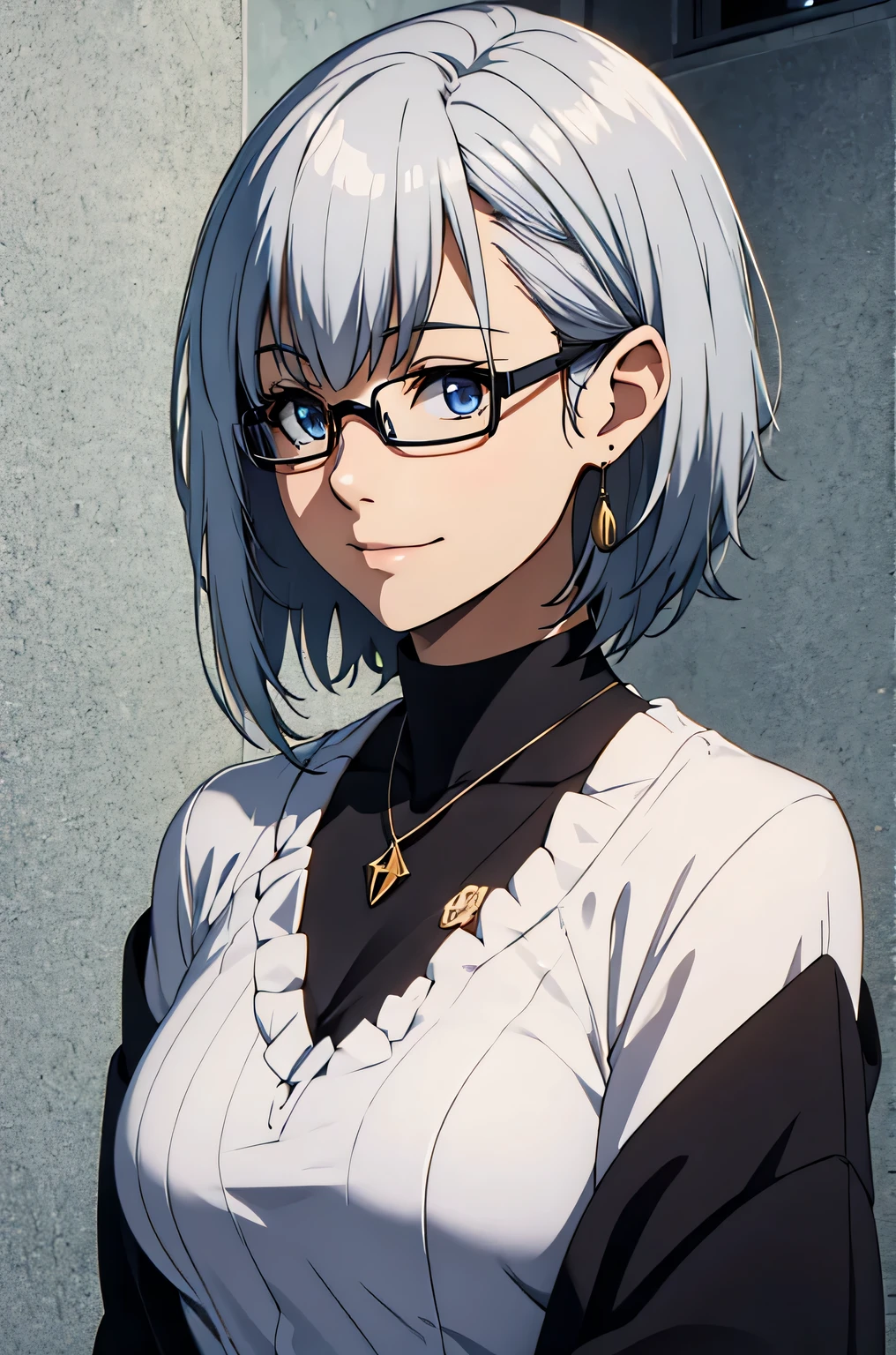 1girl, alternate_costume, bespectacled, closed_mouth, collarbone, glasses, jewelry, necklace, pendant, semi-rimless_eyewear, short_hair, silver_hair, smile, solo, under-rim_eyewear, upper_body,
