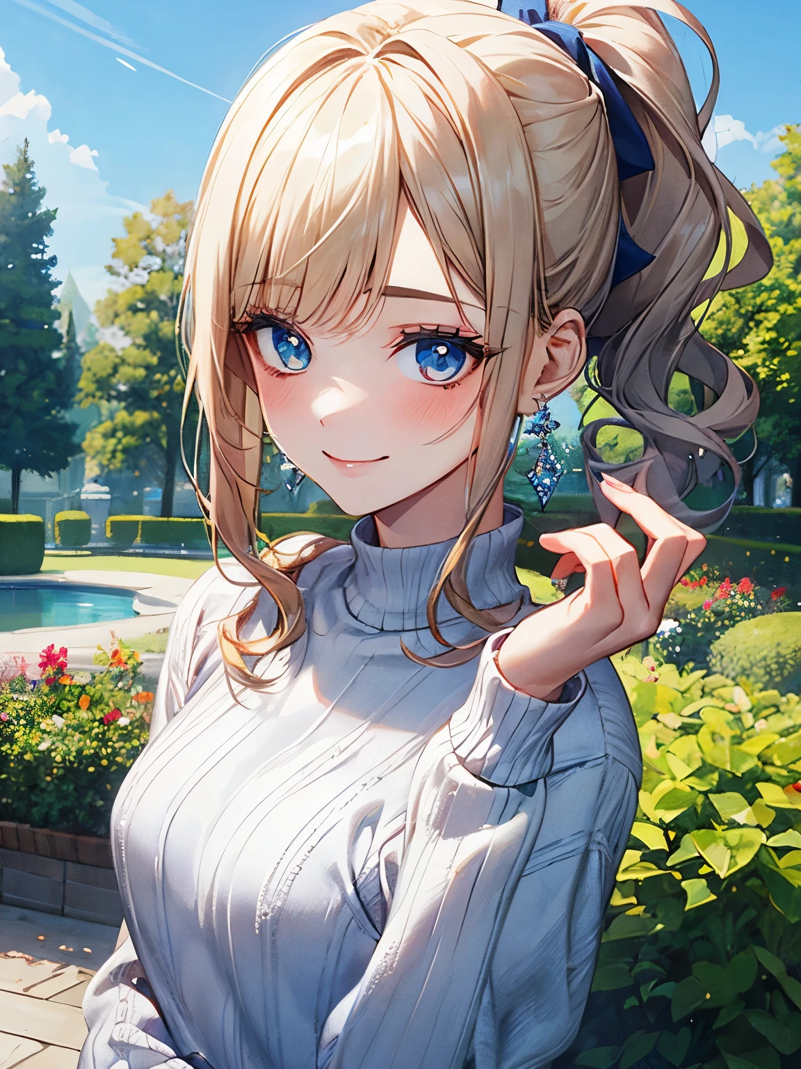 (masterpiece:1.2), (highest quality:1.2),, Curvy but slender body, Perfect Eyes, Perfect Face, Perfect lighting, 1 girl, in the garden, (The whole body is visible),(walking),(Knitted sweater),(cute gesture),(smile),(ponytail),Curly Hair, Quality clothing, Detailed outdoor background, Compensate, eye shadow, Thick eyelashes, Fantasy, Looking at the audience, whole body,Alice in Wonderland、blue sky、Bright and very beautiful face、Young and shiny white shiny skin、The ultimate beauty、The most beautiful light blonde hair in the world、thin hair、short hair、Shiny beautiful bangs、Shining crystal clear big blue eyes、Very beautiful lovely 17 year old most beautiful girl in the world、Small breasts