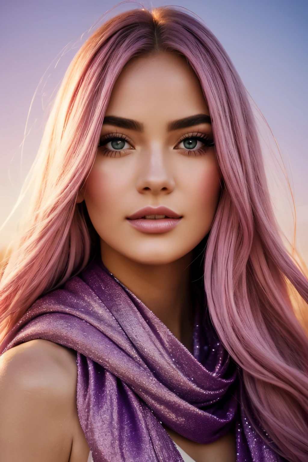 Full body portrait of a Beautiful ethereal woman, bathed in the gentle glow of a soft pink and purple sunset, her long pink hair cascading in the wind, revealing a face of exquisite detail and enchanting eyes. Each golden shade of her intricately layered eye make-up reflects the ethereal light, framing big, colorful eyes with long lashes and double eyelids. A rosy blush graces her cheeks, complementing her glossy, realistic skin texture and full lips adorned with silver glitter lipstick.
Wrapped in the elegant embrace of a purple scarf, she showcases a collection of intricately designed pink and purple jew