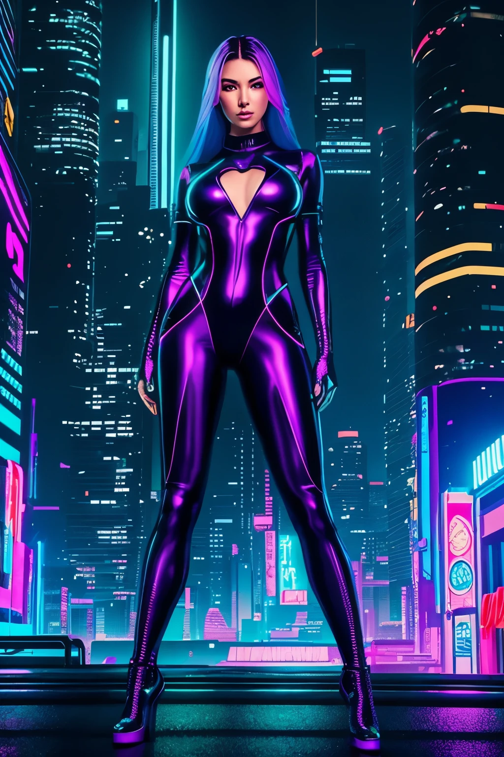 A Cyberpunk centerfold model poses boldly in a Jim Lee-style illustration, her shimmering skimpy outfit reflecting neon lights with every curve. Hyper-realistic textures bring every detail of her intricate attire to life, from the glowing fibers to the iridescent sheen. A dynamic pose exudes a flirtatious charm, her body language inviting the viewer's gaze.

Surrounding her is a neon-soaked urban skyline backdrop, the pulsating lights reflecting off her sleek exterior. The scene is brought to life through digital painting, every brushstroke meticulously crafted to create this masterpiece.