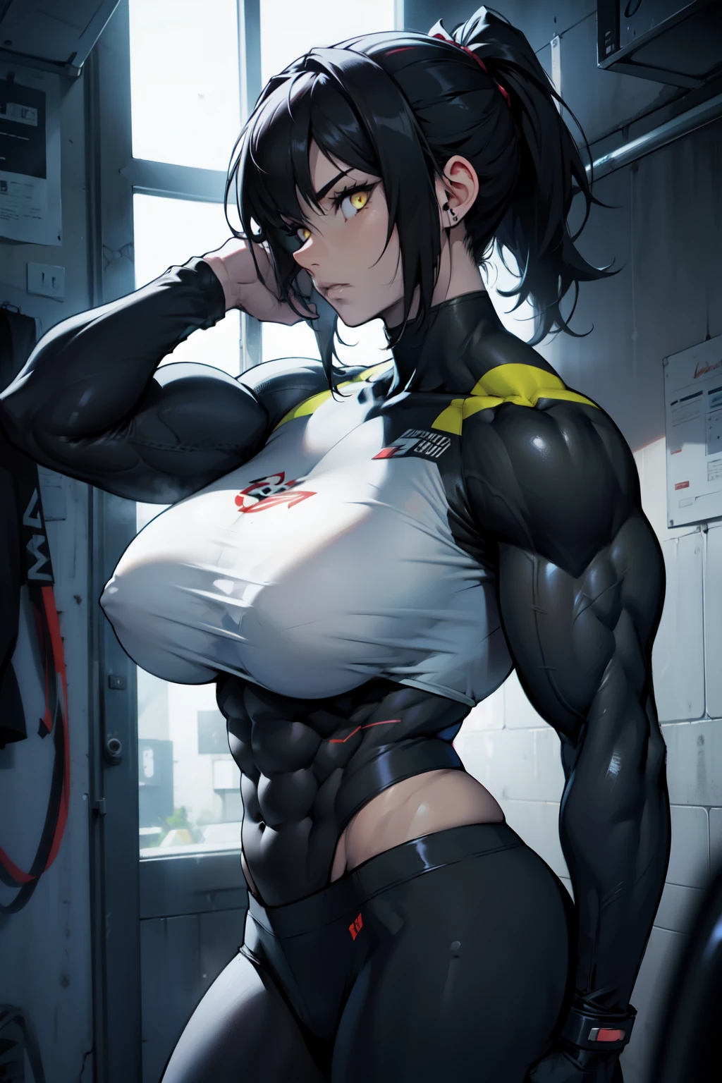 (((girl muscular))) ((toned body huge breasts)) pale skin black hair yellow eyes dark atmosphere sad sad sad thick thick thick