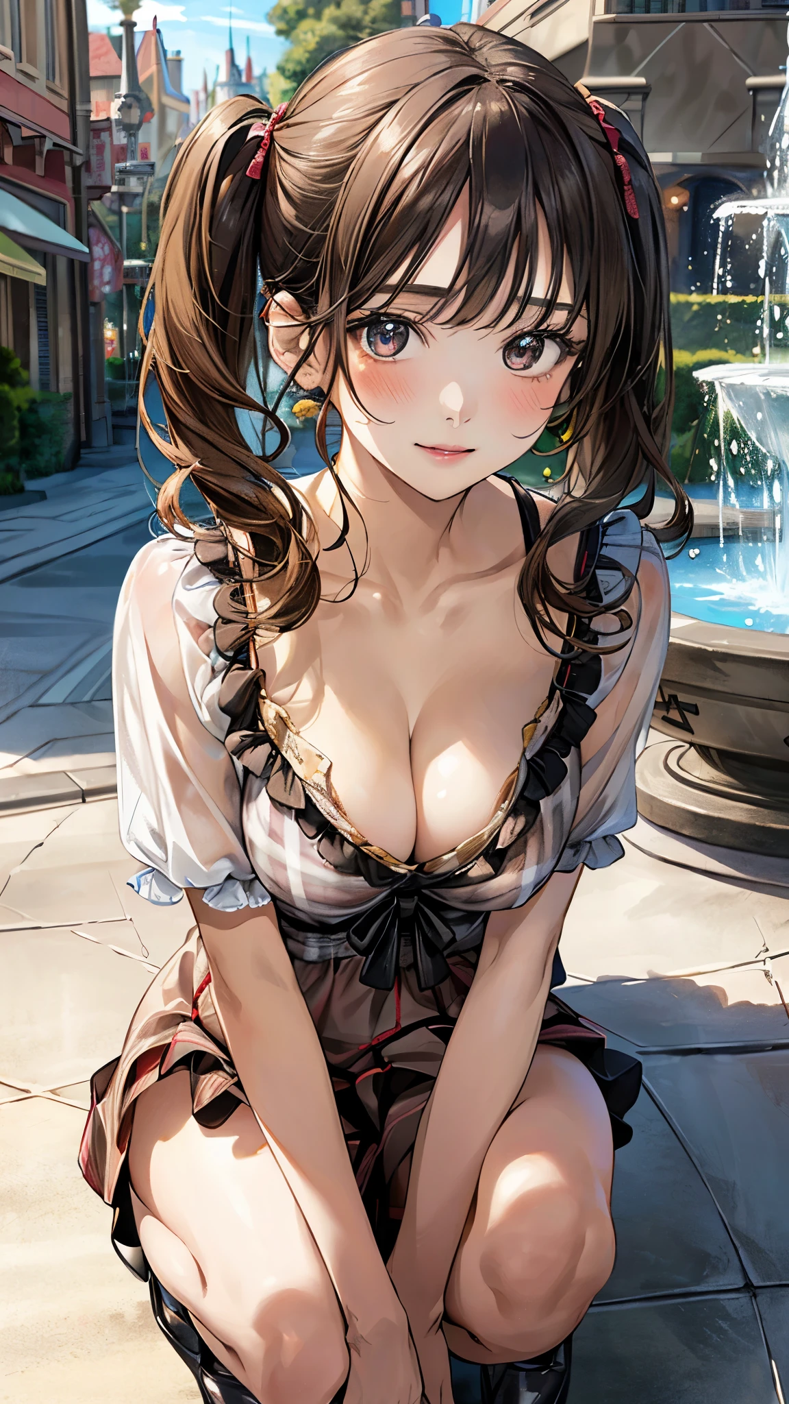 (masterpiece:1.2, top-quality), (realistic, photorealistic:1.4), beautiful illustration, (natural side lighting, movie lighting),
looking at viewer, cowboy shot, 1 girl, japanese, 8years old, very young girl, perfect face, cute and symmetrical face, shiny skin,
(the face of a very young child:1.08), ((obscene appearance:1.31)), (a small girl with big breasts and ), adorable,
(short hair, twintails, light brown hair), bangs, gold eyes, long eye lasher, (large breasts:0.8, seductive thighs), babyface,
beautiful hair, beautiful face, beautiful detailed eyes, beautiful clavicle, beautiful body, beautiful chest, beautiful thigh, beautiful legs, beautiful fingers,
((burberry check frilled mini dress, ),), ((cleavage:1.3)), nipple stand, bare chest, nipple,see-through, skirt lift up, shirt lift up,
(beautiful scenery), disneyland fountain square, {squatting| standing | walking}, (lovely smile, upper eyes),