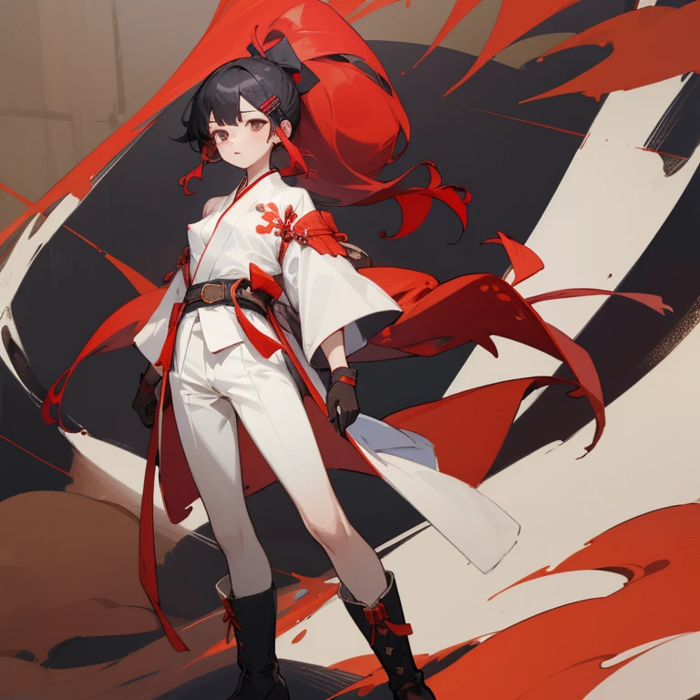 ((highest quality)), ((masterpiece)), (Become familiar with), 1 girl, alone, Black Hair,ponytail,White kimono,Black sleeveless,Red hair clip,Red belt, ,slender,Long Hair,Small breasts, gloves,boots, Erect nipples