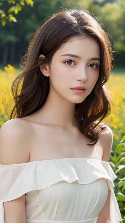 (high resolution,best quality,超high resolution,Reality:1.4),1 girl,White Dress,Off-shoulder,flower field,glowing skin,A faint smile,Beautiful and delicate eyes,Beautiful and delicate lips,soft wavy hair,Natural sunlight,breeze,harmonious colors,bright flowers,green grass,Peaceful atmosphere,a warm summer day,peaceful,Innocence,Radiant Beauty