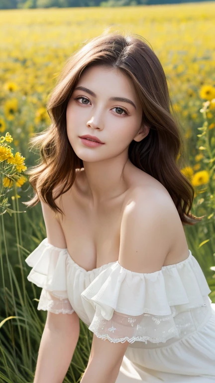 (high resolution,best quality,超high resolution,Reality:1.4),1 girl,White Dress,Off-shoulder,flower field,glowing skin,A faint smile,Beautiful and delicate eyes,Beautiful and delicate lips,soft wavy hair,Natural sunlight,breeze,harmonious colors,bright flowers,green grass,Peaceful atmosphere,a warm summer day,peaceful,Innocence,Radiant Beauty