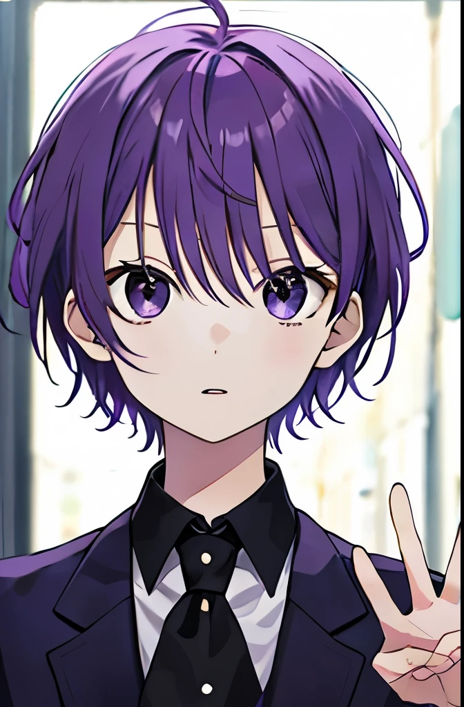 suit, purple hair , short hair , purple eyes , surprised expression