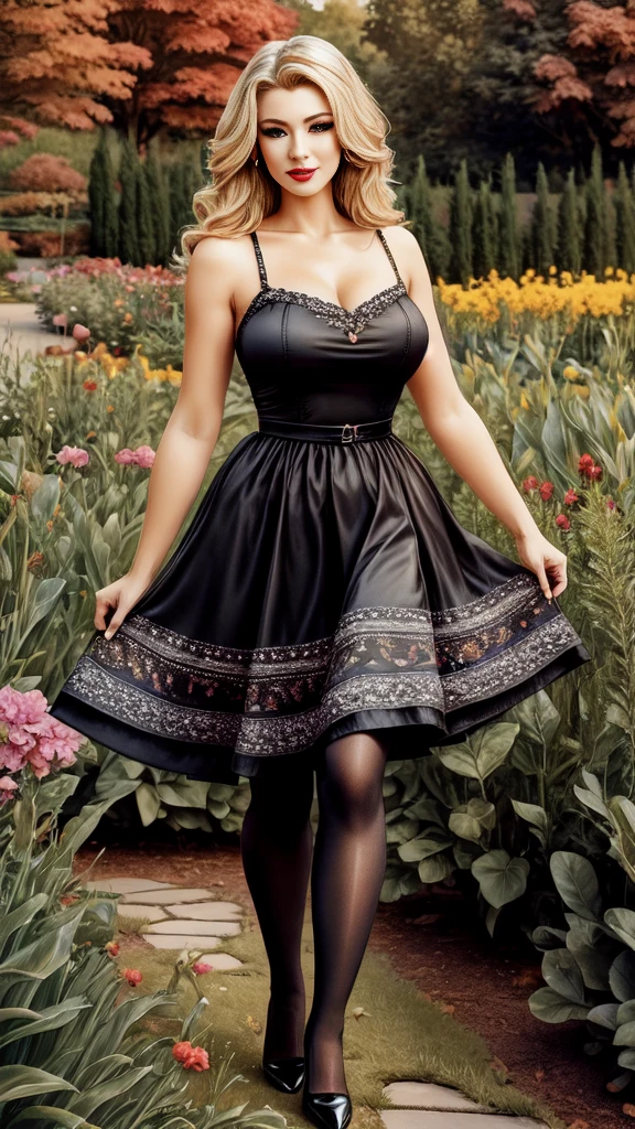 Best Quality, 4K, masterpiece, very sharp image,extremely beautiful woman,pinup,highly detailed beautiful face,big eyelahes,minimum waist,midi dress,tights,straight blonde hair,excellent sense,(((one person))),highly detailed body,florish garden in the background