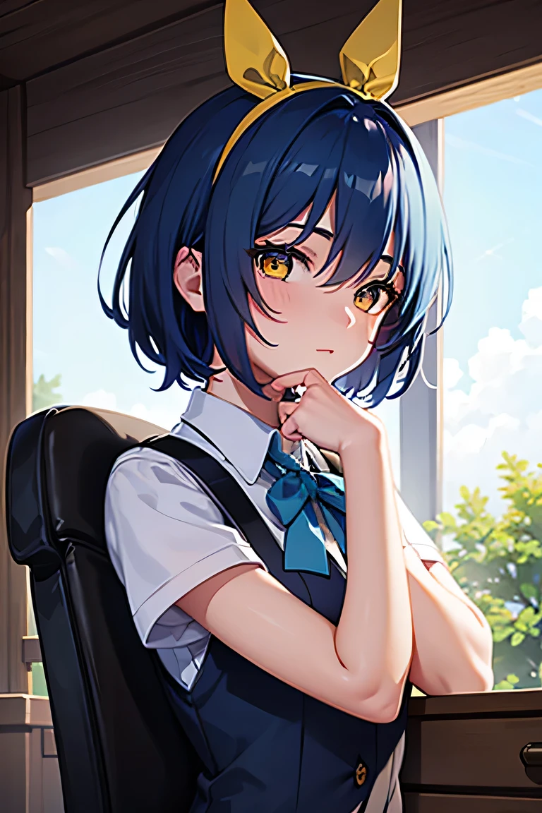 Close-up photo of a teenage girl, cute, short blue hair, has yellow eyes, has a gray headband, while wearing a school girl uniform.