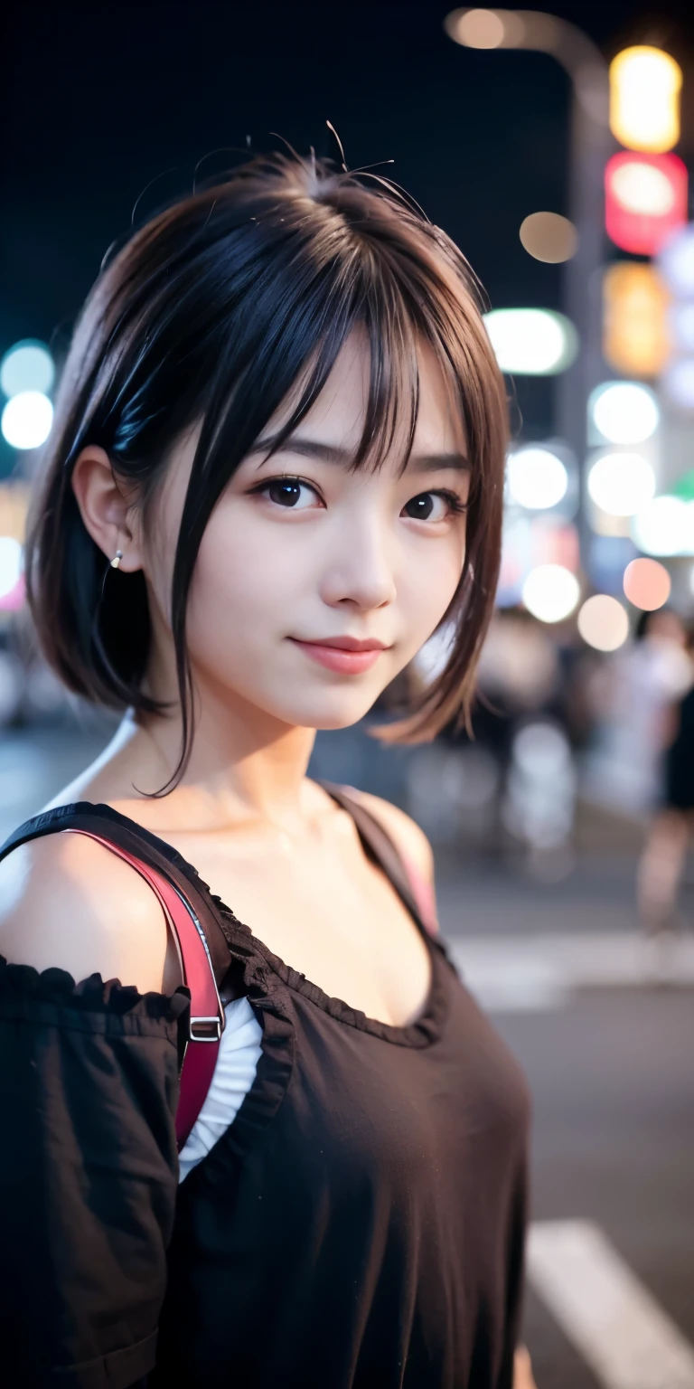 1 Girl, Tokyo Street,night, Streetscape,City lights,Upper Body,close,smile,, (8K, Raw photo, highest quality, masterpiece:1.2),(Realistic, photo-Realistic:1.37),