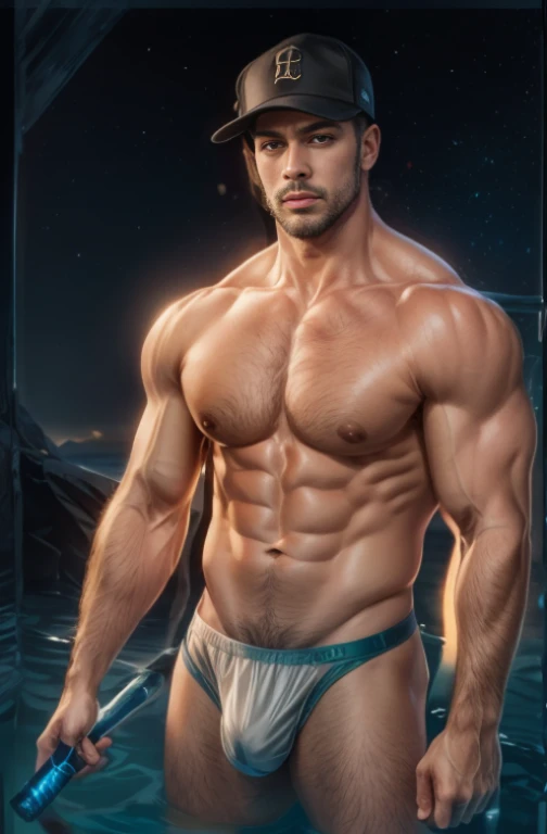 obra de arte, melhor qualidade, high resolution, retrato em close, macho focus, foco apenas, muscular, corpulento, peludo, macho, um homem, em um mar, with half the body submerged in water, behind a starry sky with a moon in the center, amazing composition, vista frontal, HDR, volumetric lighting, ultra qualidade, elegante, altamente detalhado