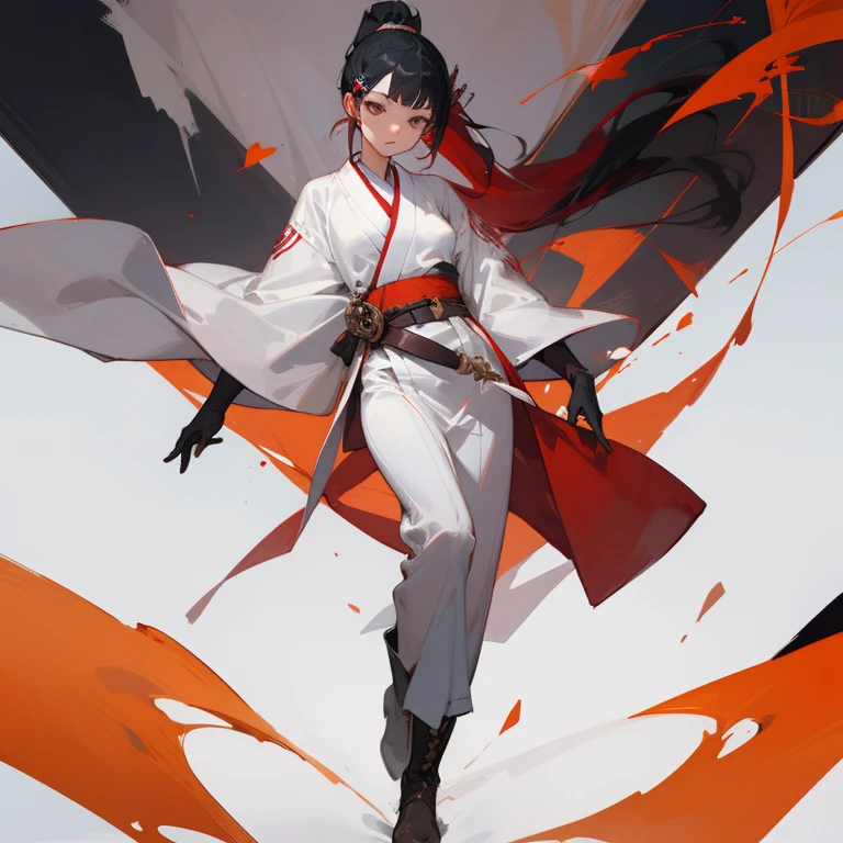 ((highest quality)), ((masterpiece)), (Become familiar with),  1 girl, alone, Black Hair,ponytail,White kimono,red hair clip,Red belt, ,slender,Long Hair,Small breasts, gloves,boots, Erect nipples,Wrap a cloth around your chest