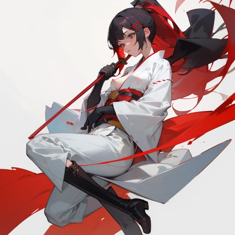 ((highest quality)), ((masterpiece)), (Become familiar with), 1 girl, alone, Black Hair,ponytail,White kimono,red hair clip,Red belt, ,slender,Long Hair,Small breasts, gloves,boots, Erect nipples,Wrap a cloth around your chest
