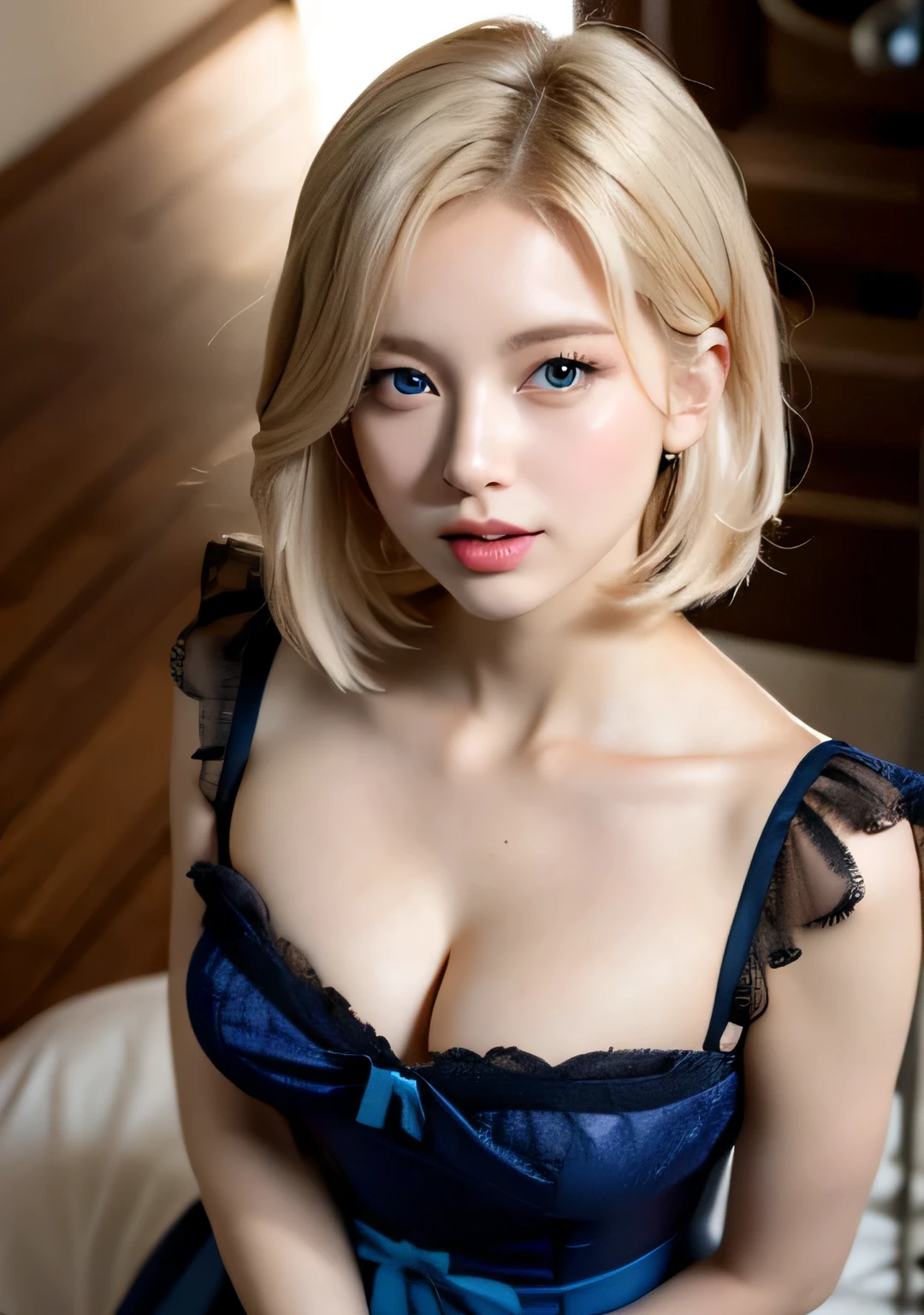 Browsing Caution,(Camel Toe),(highest quality:1.2), Female dog,(Female organ 1.1),In 8K, RAW Photos、Shooting from above、Platinum Blonde Hair, (blue eyes, ta Fashion, :1.2), Upward Gaze、A wistful look、Open your mouth、Sticking out tongue、Sweaty body、An excited look、blushing face、kneel、Quite large breasts、Cleavage、Whole Body Ezbian, Stunningly beautiful girl, A clear aura,Face Light, professional lighting, movie lighting, Detailed face, Background bokeh