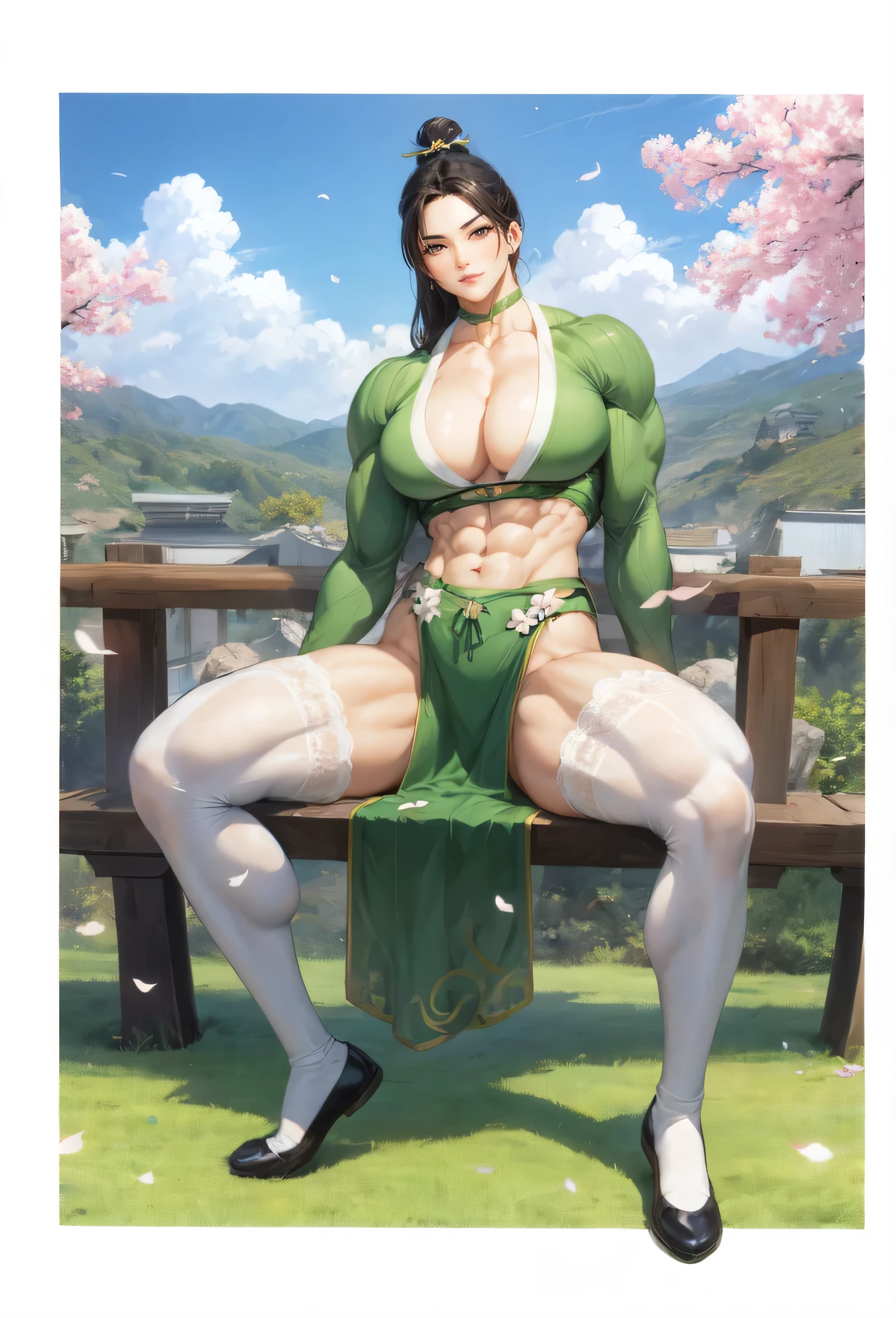 ,girl,beautiful face, muscular female, alternate muscle size,black hair,green hanfu,muscular thighs,spring,muscular ,biceps,white lace trim legwear,abs