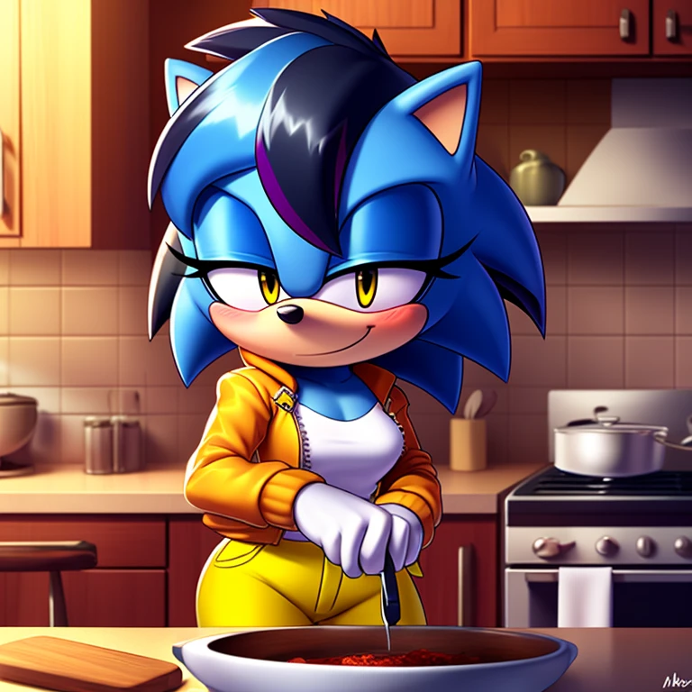 ((Masterpiece, humanoid hands)), hi res, detailed, detailed background, vibrant lighting, high quality, cartoon style, 2d, (mobian:1.1), solo, 1girl ADDCOMM inside, kitchen, cooking, ADDBASE (blue mobian hedgehog), blue body fur, (blue head spikes, black highlights:1.3), three tails, yellow eyes, lean body, small breasts shy blush, smile, closed mouth, half-closed eyes buffed up yellow jacket, closed zipper, no sleeves, short yellow pants, yellow shoes front view