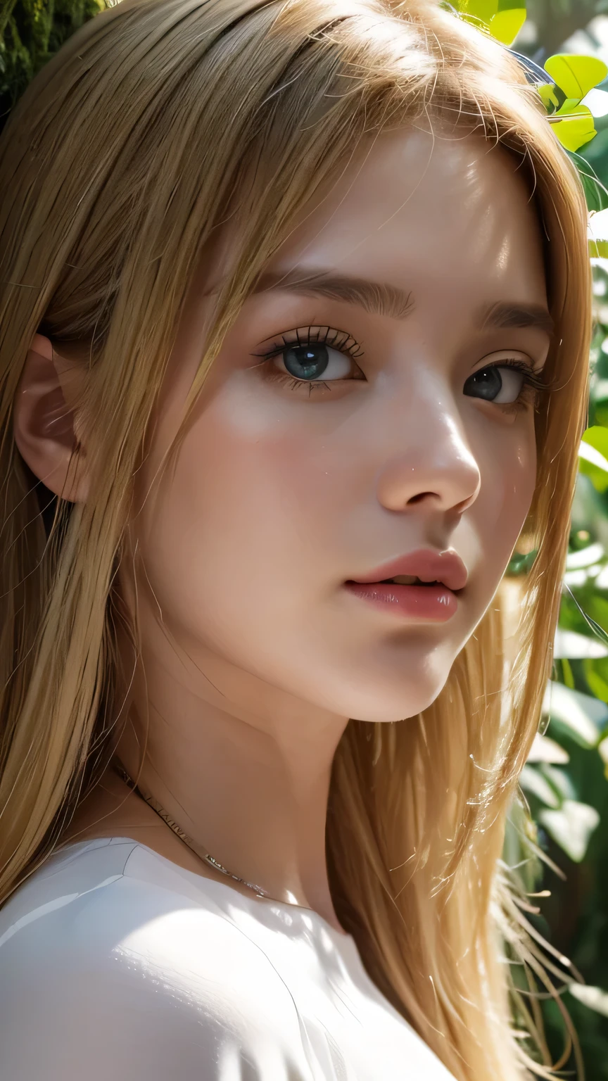 Strong light, Strong contrast, In an open-roofed cave、Sunlight shines through green moss and ferns。, And open( Sea view:1.1) The bottom, Cel-shaded rendering, 4K, 360 degrees, Equirectangular projection, what, 1girl, Woman in her 30s、A beautiful woman、long blonde hair、White latex leotard、White long boots、white arm cover、masterpiece, 最high quality, high quality, High resolution, (((Face close-up)))