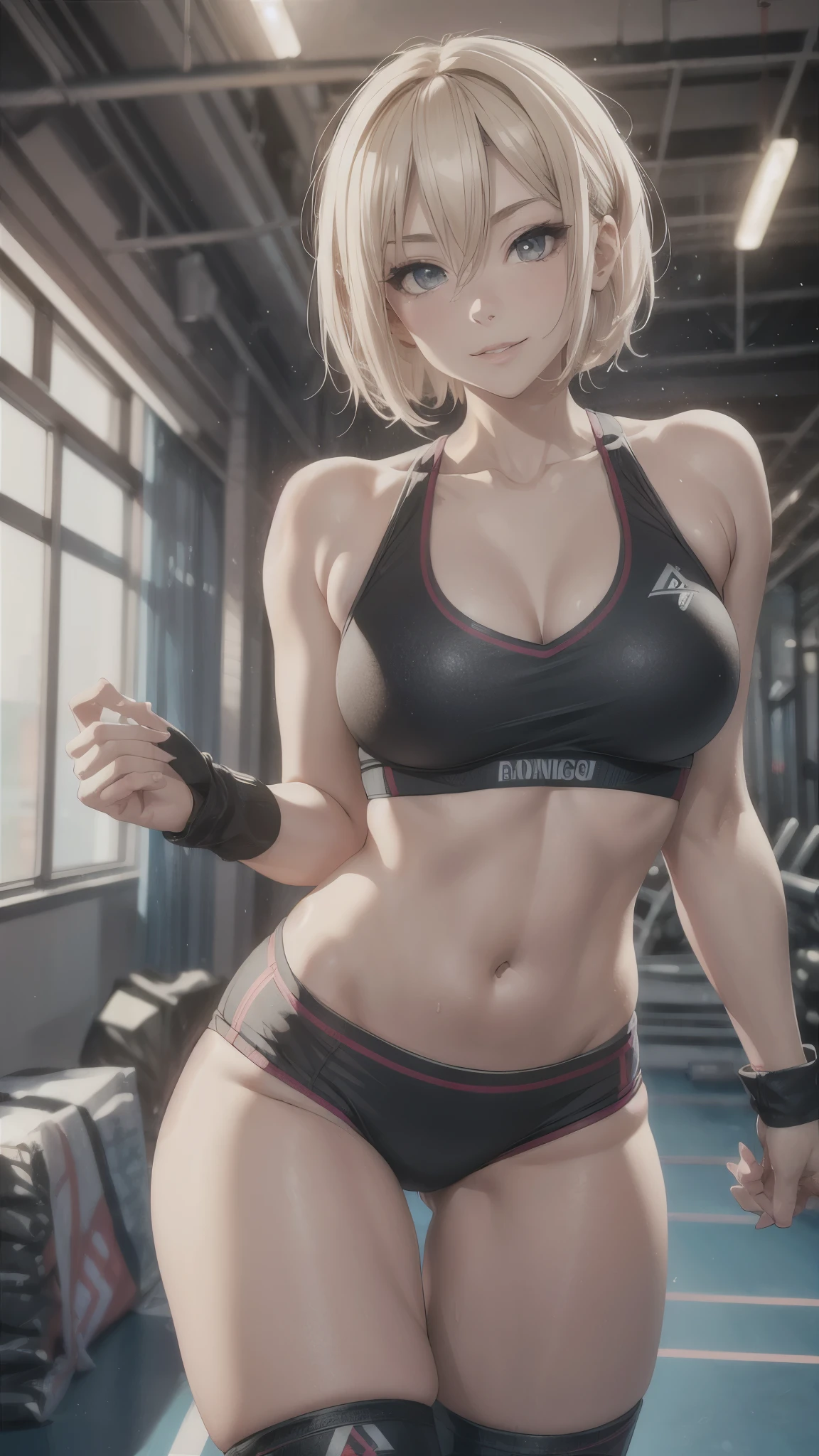(best quality,4k,8k,highres,masterpiece:1.2),ultra-detailed,(realistic,photorealistic,photo-realistic:1.37),full body,beautiful detailed eyes,beautiful detailed lips,extremely detailed eyes and face,longeyelashes,lean and fit body,confident smile,energetic pose,attractive appearance,colorful background,vibrant colors,studio lighting,bokeh,female artist,15 years old girl,professional,blonde short bob hair,((forehead band)),aerobics instructor,grin,sweat,active lifestyle,sporty look,sports bra,shorts,((socks,race-up-long-boots)),flexible movements,slenderness body,shiny texture,sculpted figure,progressive fitness environment,positive attitude,healthy glow,fitness motivation,dedicated trainer