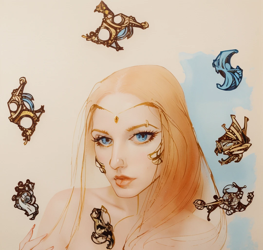 masterpiece, painting of a beautiful woman with long red hair and jewelry, in a mixed style of æon flux, fingers with painted nails holding hair, complex fantasy character, knights of zodiac girl, floating gold jewelry in blue sky,