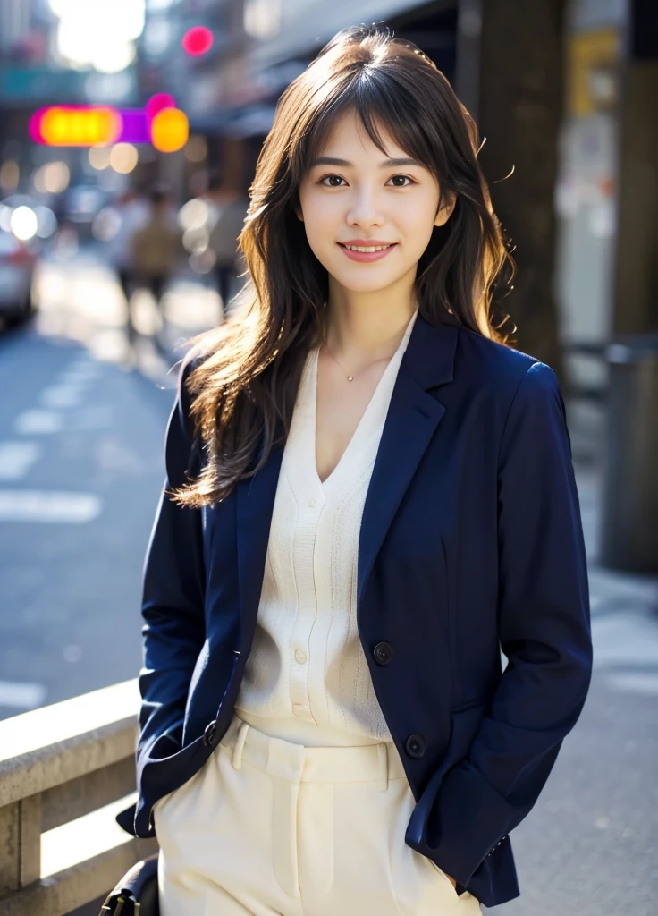  beautiful girl、Japanese、Highest quality、Realistic、16K、Baby Fa、Youemi-long hith bangs、Heavy bangs、Very slim、Mix 4,(8k, RAW Photos, highest quality, Master:1.2), (Realistic, photo-Realistic:1.37),One girl,cute,In the morning in downtown Tokyo、professional lighting,Photon Mapping,Radio City,Basking in the morning sun、physically based rendering ,OL、Tight navy suit jacket and pants、smile、Taken from a distance