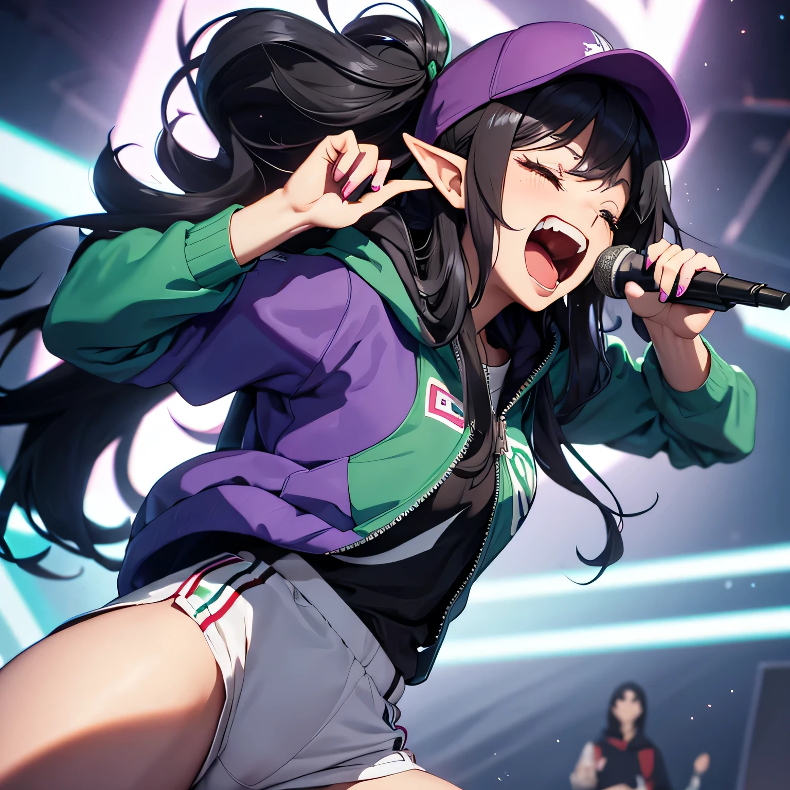 An elf girl standing half-turned, screaming into a microphone with her eyes closed, long black hair with purple tips, green eyes, wearing a hooded windbreaker, T-shirt and an anime-style baseball cap