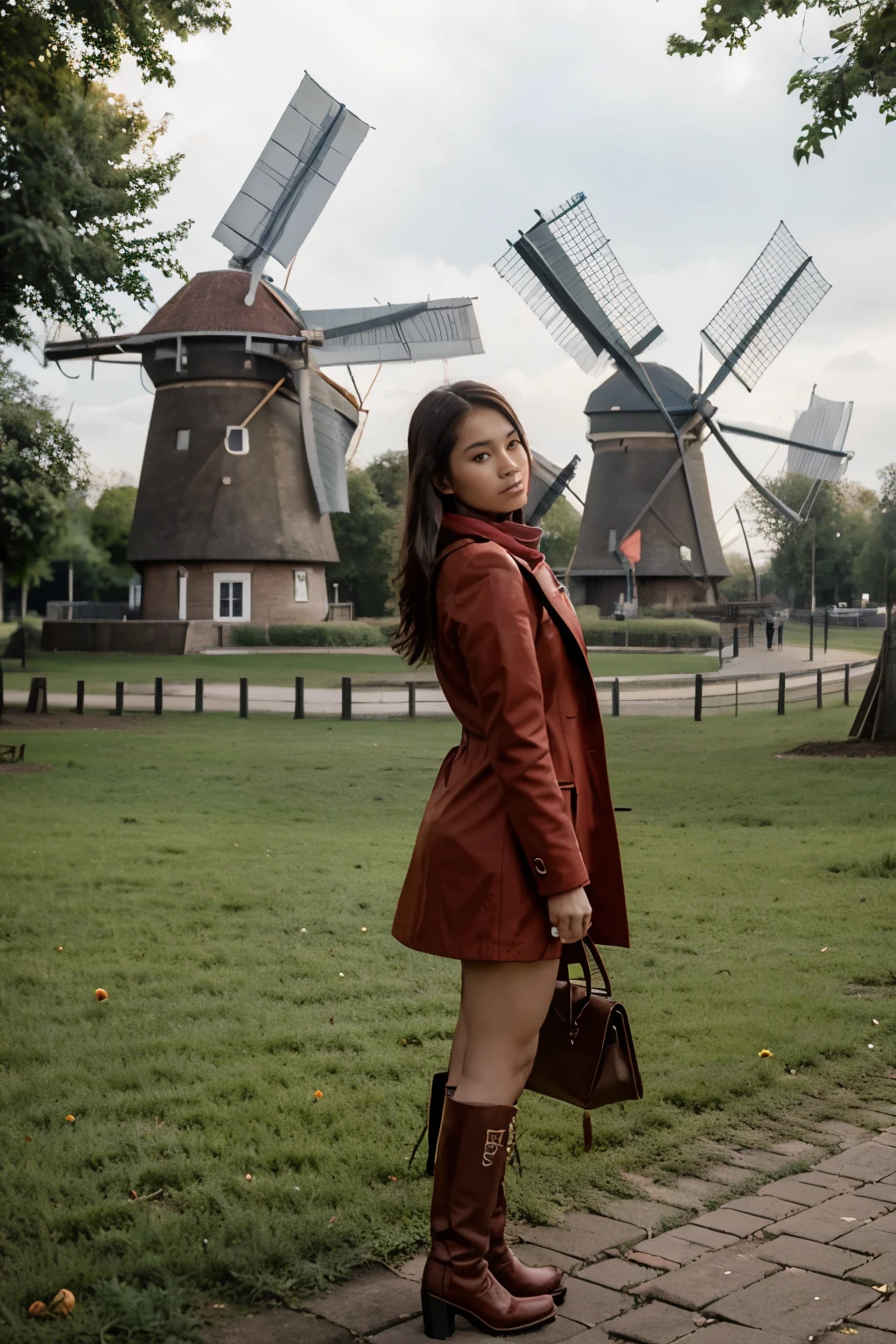 a beautiful Indonesian woman aged 24 years, ideal body wearing a red coat, scarf and high boots, posing like a model in front of an arafed windmill with people standing around her in the park, Dutch windmill Gundam, windmill, with a figure in the background, dutch style, windmill, leaked pictures, pose!!, mu pan, mill, by Maria van Oosterwijk, dutch, by Hugo van der Goes, holiday photos, Dutch masterpieces, by Eugeen Van Mieghem