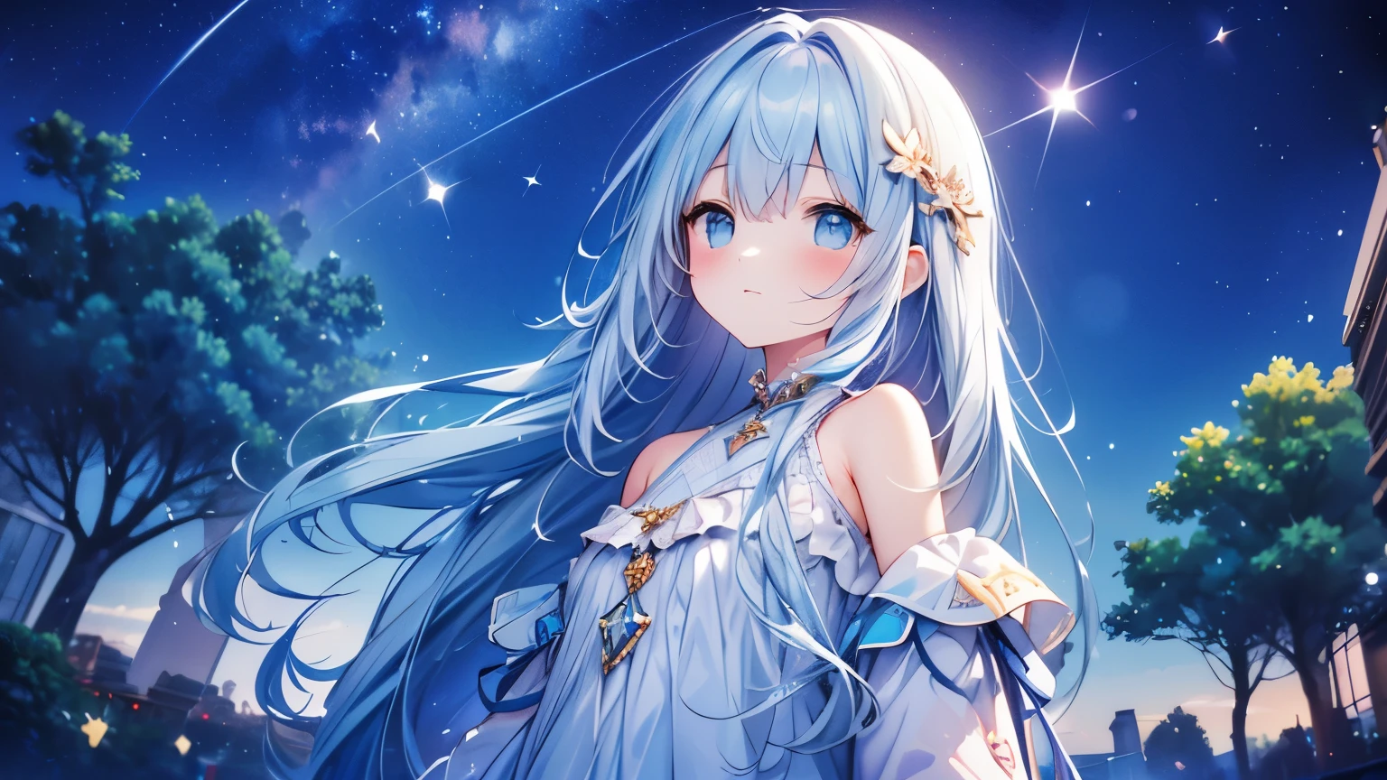 masterpiece, best quality, extremely detailed, (illustration, official art:1.1), 1 girl ,(((( light blue long hair)))), light blue hair, ,10 years old, long hair ((blush)) , cute face, big eyes, masterpiece, best quality,(((((a very delicate and beautiful girl))))),Amazing,beautiful detailed eyes,blunt bangs((((little delicate girl)))),tareme(true beautiful:1.2), sense of depth,dynamic angle,affectionate smile, (true beautiful:1.2),,(tiny 1girl model:1.2),(flat chest)), 
Soft Focus , (Bright gradient watercolor :1.5, Lens Flare:1.5 , Glitter :1.5), Glow , Dreamy Grid illusion, Colorful, girl、((extremely detailed eye:1.5)),ace Zoom:1.5,,(((​masterpiece、top-quality、top-quality、watercolor paiting)))(Curly)、Official art、Beautifully Aesthetic:1.2)、,(Fractal Art:1.3)、The upper part of the body、colourfull、​masterpiece、High Detailed Girls（（a beauty girl、onepiece、Rear view、Highly detailed hair ornament、Twin-tailed））、Background with((Fantastic starry sky、meteors、black hole))、Depth((Giant Tree、Fantastic、Luminescent))、