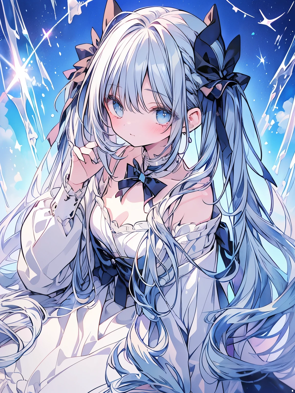 masterpiece, best quality, extremely detailed, (illustration, official art:1.1), 1 girl ,(((( light blue long hair)))), light blue hair, ,10 years old, long hair ((blush)) , cute face, big eyes, masterpiece, best quality,(((((a very delicate and beautiful girl))))),Amazing,beautiful detailed eyes,blunt bangs((((little delicate girl)))),tareme(true beautiful:1.2), sense of depth,dynamic angle,affectionate smile, (true beautiful:1.2),,(tiny 1girl model:1.2),(flat chest)),
Soft Focus , (Bright gradient watercolor :1.5, Lens Flare:1.5 , Glitter :1.5), Glow , Dreamy Grid illusion, Colorful, girl、((extremely detailed eye:1.5)),ace Zoom:1.5,,(((masterpiece、top-quality、top-quality、watercolor paiting)))(Curly)、1girl, solo, masterpiece, anime, cleavage, digital art, Fashion shot of a"Whispers of the night sky, constellations mapping our journey, guiding us towards our destined constellations.", Nu Goth Art, back-light