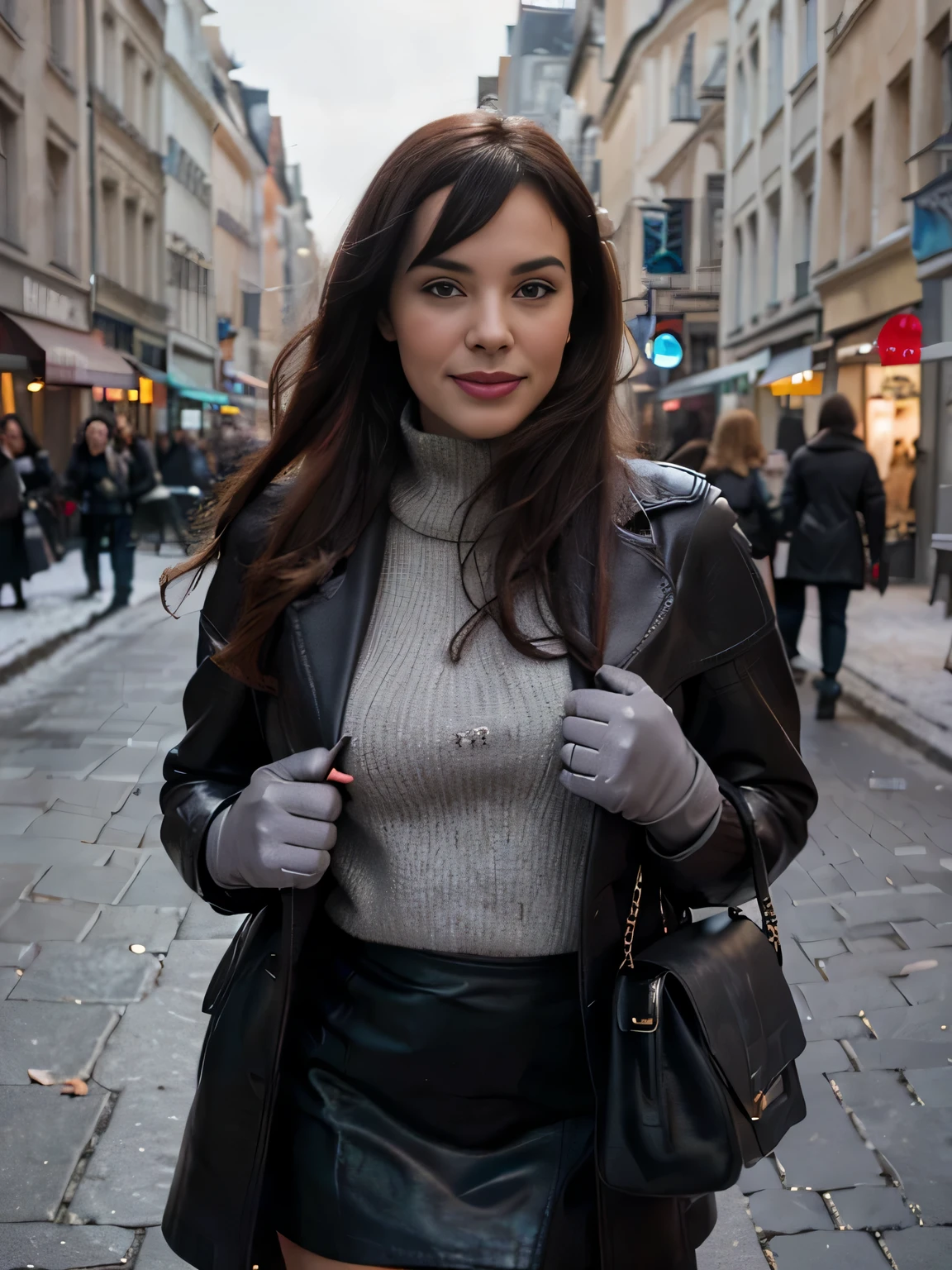 proFessional portrait photograph oF a smiling gorgeous Bettie Page girl in winter clothing with long wavy red hair, sultry Flirty look, gorgeous symmetrical Face, joli maquillage naturel, flirting with the camera,wearing elegant warm winter Fashion clothing, ((debout dehors dans une rue enneigée de la ville)), (( soft grey leather gloves ))  (( black skirt)) (( handbag on her shoulders)) (( black leather long coat)) superbe environnement urbain moderne, she want to have sex now,ultra realistic, art conceptuel, elegant, Very detailed, complexe, sharp Focus, depth oF Field, F/1. 8, 85mm, Coup moyen, midplane, (((proFessionally color graded))), bright soFt diFFused light, (volumetric Fog), tendance sur Instagram, hdr 4k, 8K
