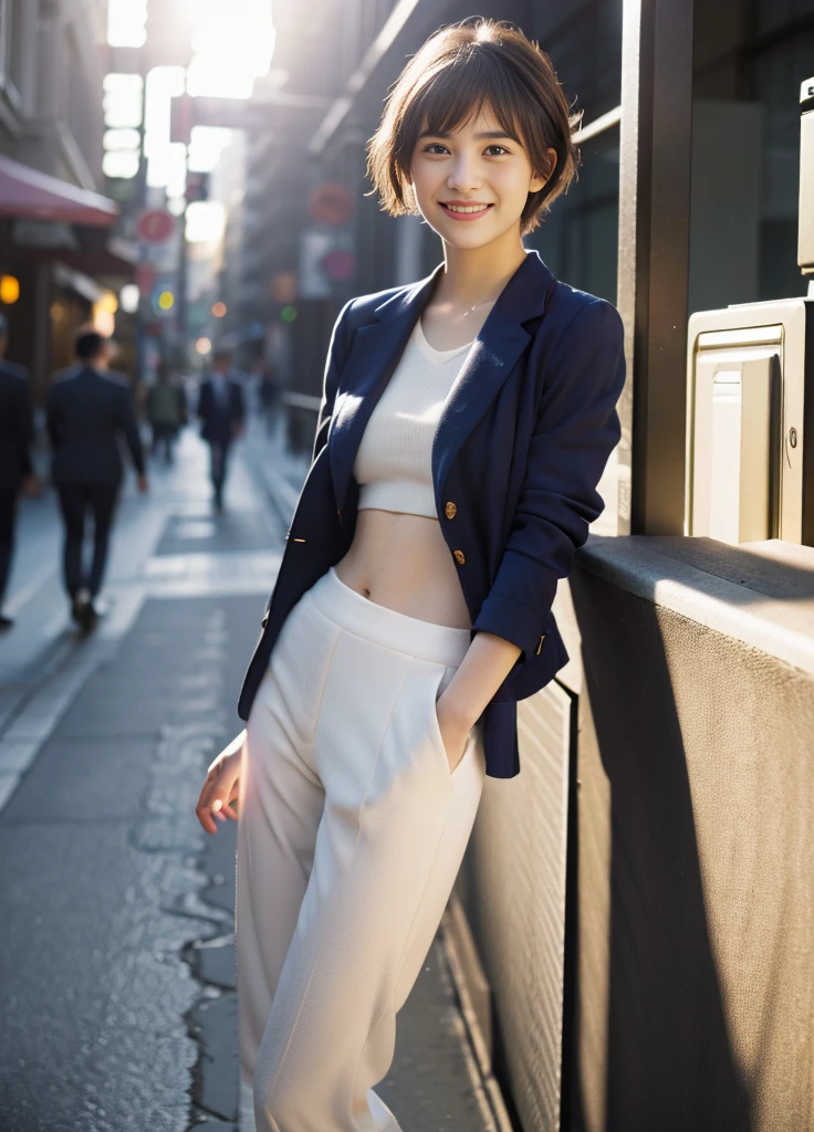 17 year old beautiful girl、Japanese、Highest quality、Realistic、16K、Baby Face、Young face、Berry Shortcut、Pixie Cut、With bangs、Heavy bangs、Very slim、Mix 4,(8k, RAW Photos, highest quality, Master:1.2), (Realistic, photo-Realistic:1.37),One girl,cute,In the morning in downtown Tokyo、professional lighting,Photon Mapping,Radio City,Basking in the morning sun、physically based rendering ,OL、Tight navy suit jacket and pants、smile、Taken from a distance、Thin legs