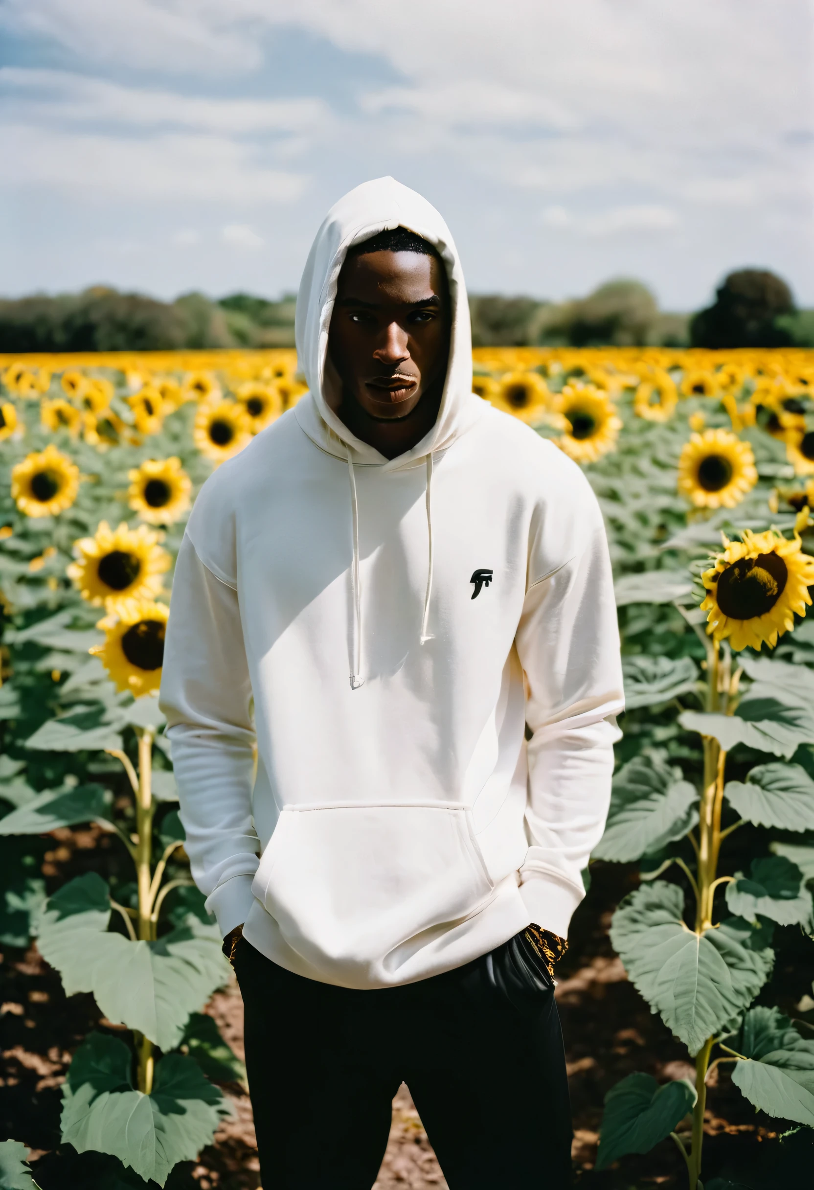 photograph, Burgundy lighting, Ilford HP5, Sad, Fujifilm XT3, Apocalyptic stocky Digital Age african Male model, slender but masculine physique, full body from a bit of a distance outdoors photography, sunflower field, subject is wearing white hoodie black sweat pants and a skully cape headsock Beautifully Lit, Nikon Z9, Frightening, Iphone X, Bloom light, Kodak Ektar, Kodak gold 200, confused, looking around scared