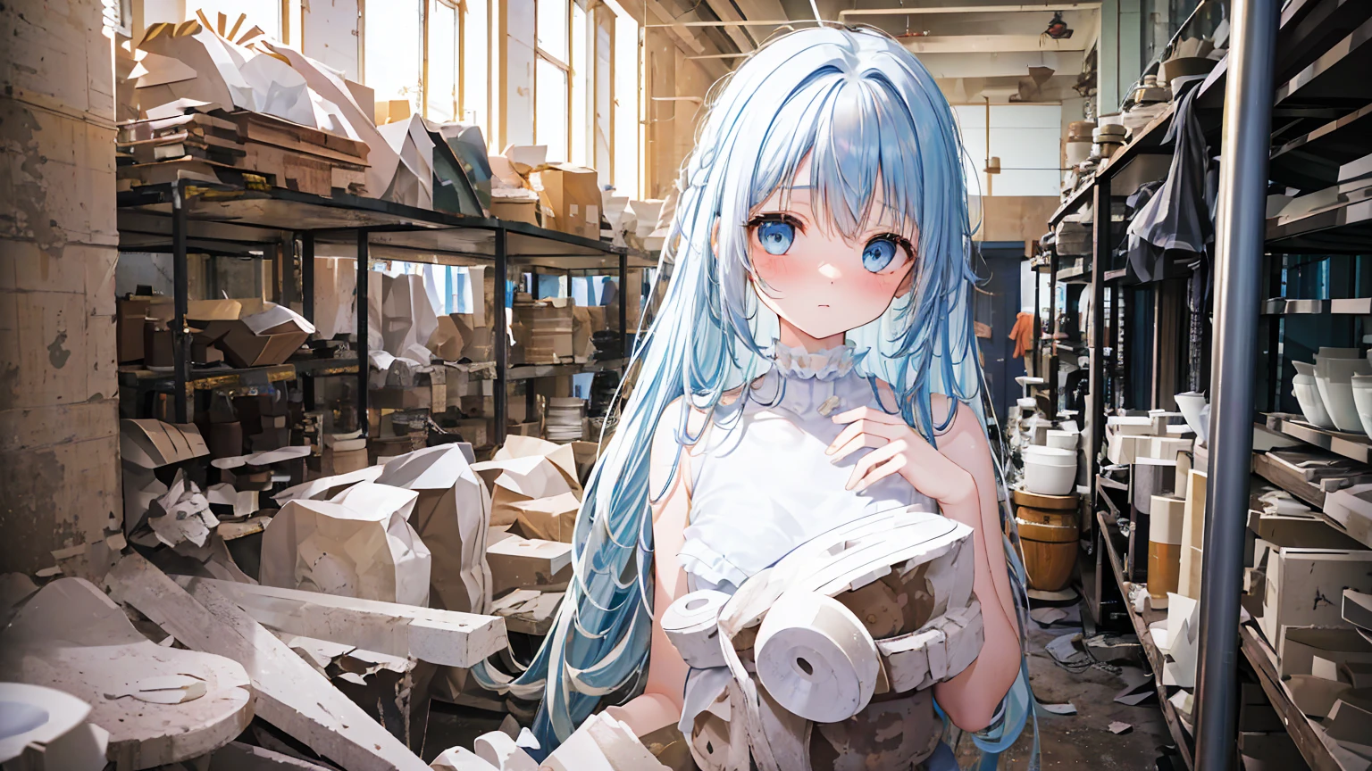 masterpiece, best quality, extremely detailed, (illustration, official art:1.1), 1 girl ,(((( light blue long hair)))), light blue hair, ,10 years old, long hair ((blush)) , cute face, big eyes, masterpiece, best quality,(((((a very delicate and beautiful girl))))),Amazing,beautiful detailed eyes,blunt bangs((((little delicate girl)))),tareme(true beautiful:1.2), sense of depth,dynamic angle,affectionate smile, (true beautiful:1.2),,(tiny 1girl model:1.2),(flat chest)),
Soft Focus , (Bright gradient watercolor :1.5, Lens Flare:1.5 , Glitter :1.5),(Masterpiece, top quality, super detailed CG, ultra detailed beautiful face and eyes,super detailed, intricate details:1.2), 8k wallpapers, elaborate features,
(1 person, solo:1.4)perfect cartoon illustration,(1 person, solo:1.4)
(realistic textures:0.8), high res, cute, (vivid colors, dynamic lighting:1.0), (high contrast:0.8),
A girl (in her teens) with a mysterious atmosphere overlooking the lowlands from the top of a steep cliff, very pretty face, long glossy blue hair, clear sky-blue eyes, clear skin, slender arms and legs (both barefoot), wearing only a white dress that reaches down to her calves, surrounded by blue phosphorescence. Blue phosphorescence surrounds her, ruins spread far and wide in front of her, the place is a fantastic and vast urban ruin, the time is night and the area is dark, but stars and a big moon are shining brightly in the sky, back view, so that her whole body is included in the illustration.