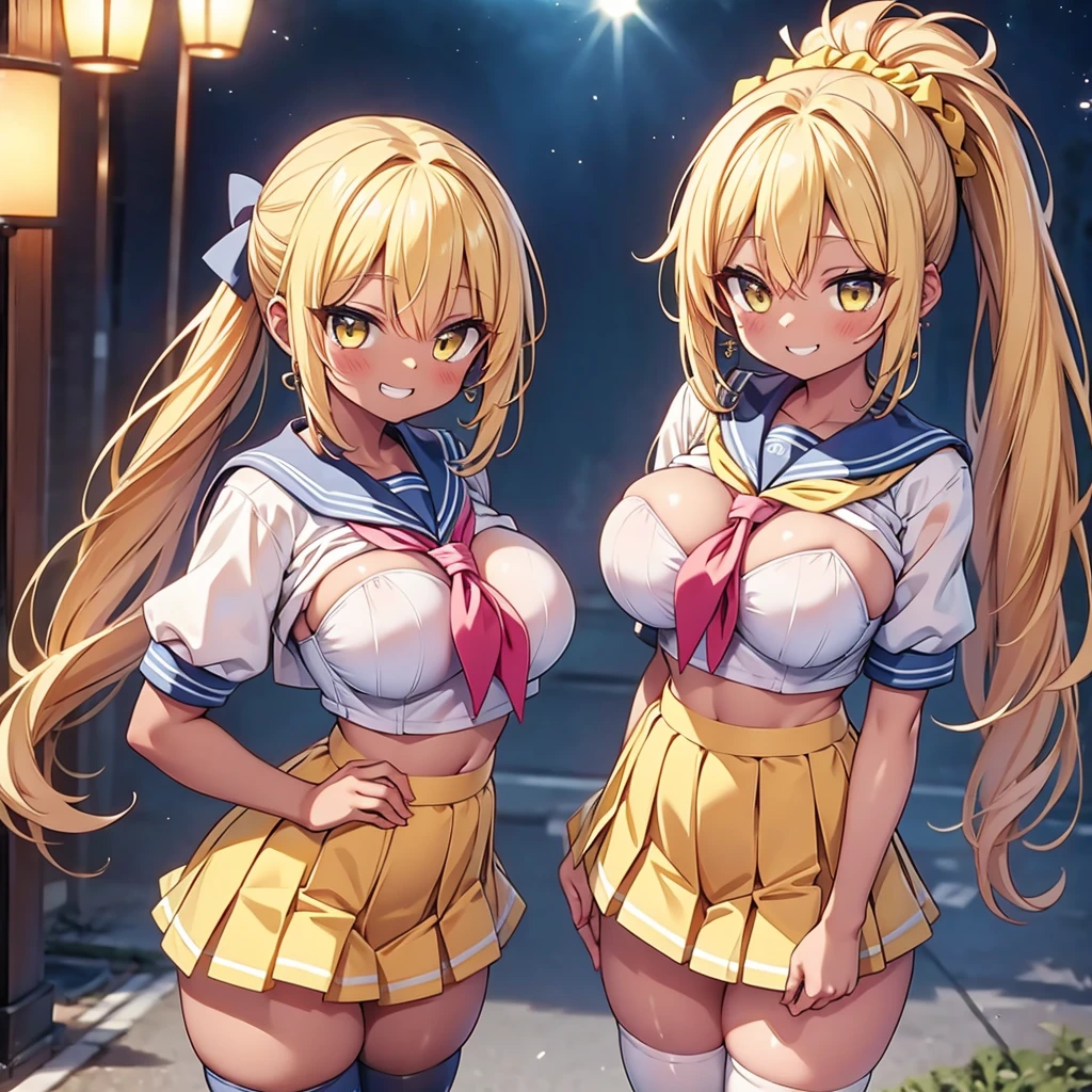 highest quality,wonderful,finely,extremely detailed CG Unity 8K wallpaper, (1 Girl,blonde, Yellow Eyes, Low Ponytail, Scrunchie, Earrings、Wicked Smile), (Grin:1.1), ((Brown Skin:1.2), (huge breasts:1.1),(sailor uniform:1.3), (bra lift:1.2), (zettai ryouiki:1.4)