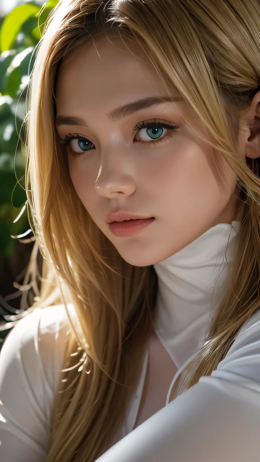 Strong light, Strong contrast, In an open-roofed cave、Sunlight shines through green moss and ferns。, And open( Sea view:1.1) The bottom, Cel-shaded rendering, 4K, 360 degrees, Equirectangular projection, what, 1girl, Woman in her 20s、A beautiful woman、long blonde hair、White latex leotard、White long boots、white arm cover、masterpiece, 最high quality, high quality, High resolution, (((Face close-up)))